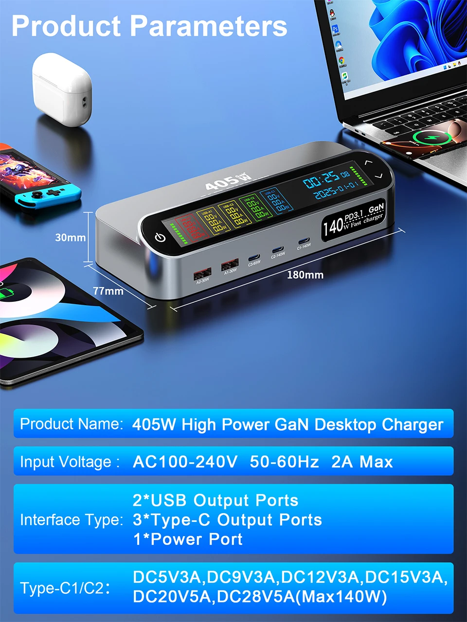 405W GaN Fast Charger 140W PD3.1 PPS USB Type-C LCD Digital Display Desktop Charging Station for iPhone 16/15 MacBook Laptops