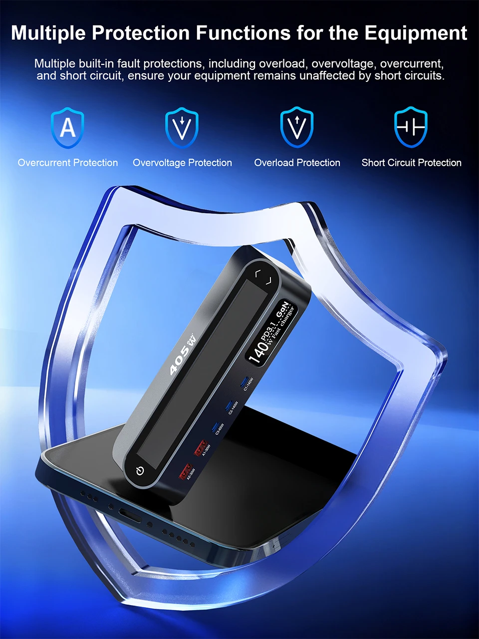 405W GaN Fast Charger 140W PD3.1 PPS USB Type-C LCD Digital Display Desktop Charging Station for iPhone 16/15 MacBook Laptops