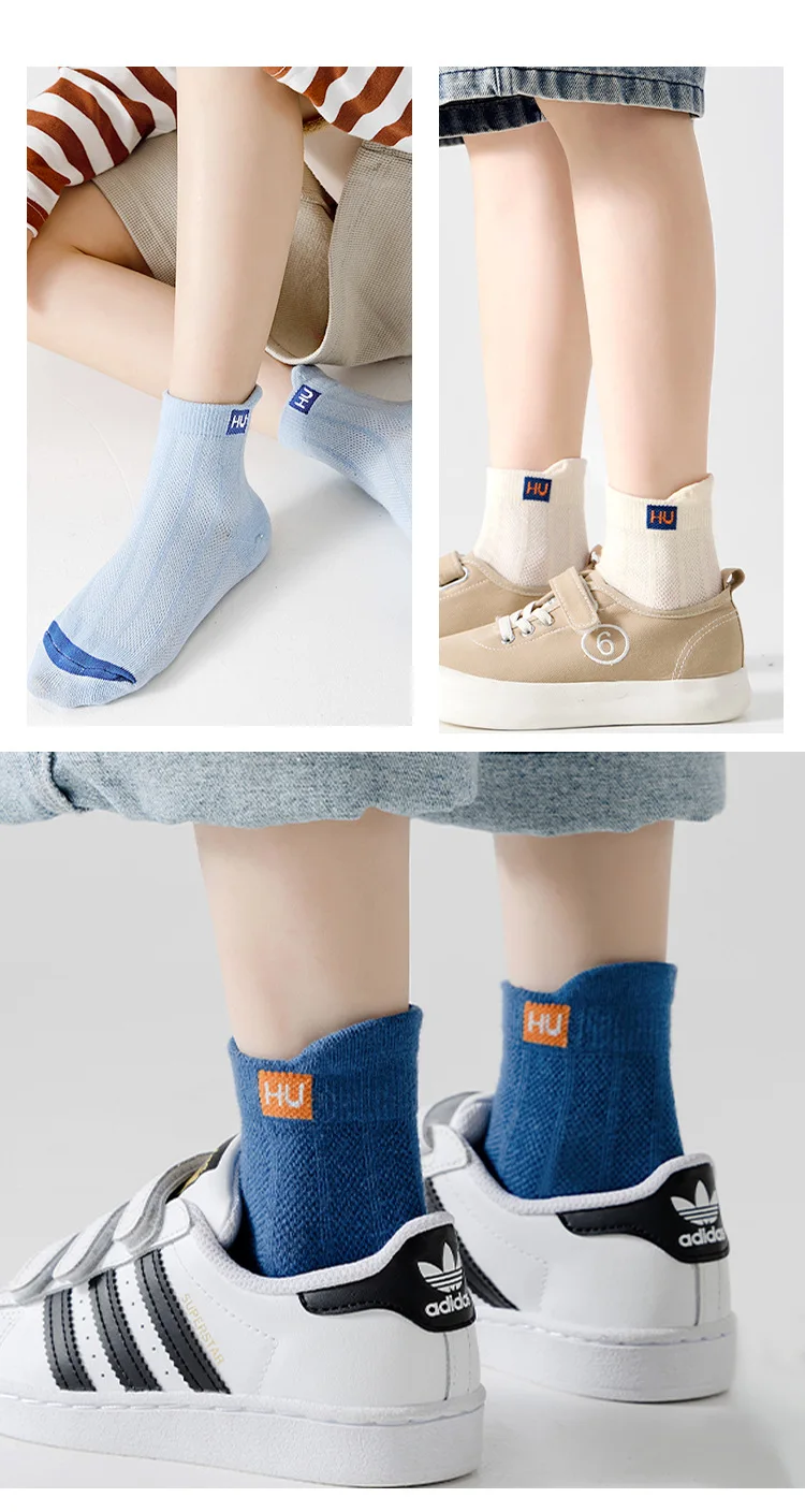 5 Pairs Boys Summer Socks Thin Cotton Sport Mesh Breathable Kids Mid Crew Socks Letter Trendy