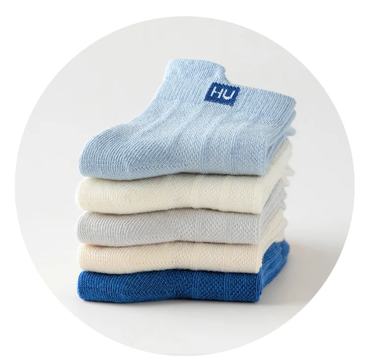 5 Pairs Boys Summer Socks Thin Cotton Sport Mesh Breathable Kids Mid Crew Socks Letter Trendy