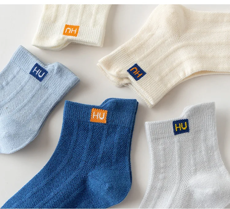 5 Pairs Boys Summer Socks Thin Cotton Sport Mesh Breathable Kids Mid Crew Socks Letter Trendy