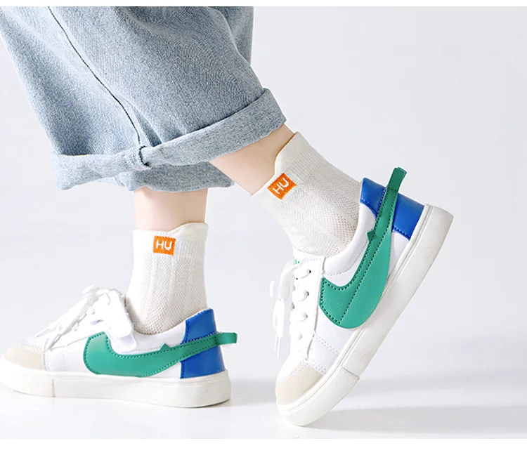 5 Pairs Boys Summer Socks Thin Cotton Sport Mesh Breathable Kids Mid Crew Socks Letter Trendy