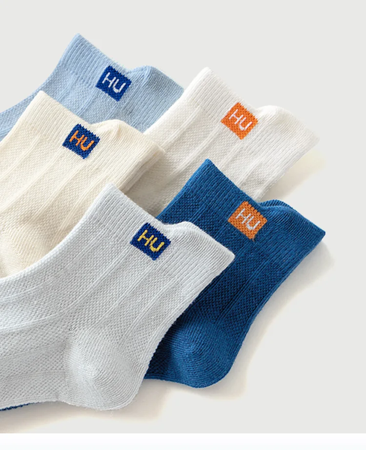 5 Pairs Boys Summer Socks Thin Cotton Sport Mesh Breathable Kids Mid Crew Socks Letter Trendy