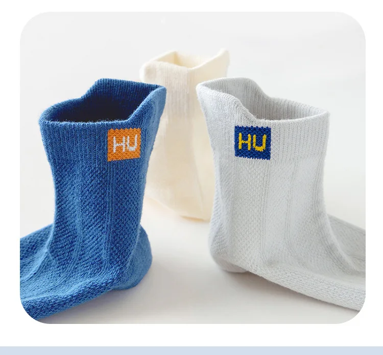 5 Pairs Boys Summer Socks Thin Cotton Sport Mesh Breathable Kids Mid Crew Socks Letter Trendy