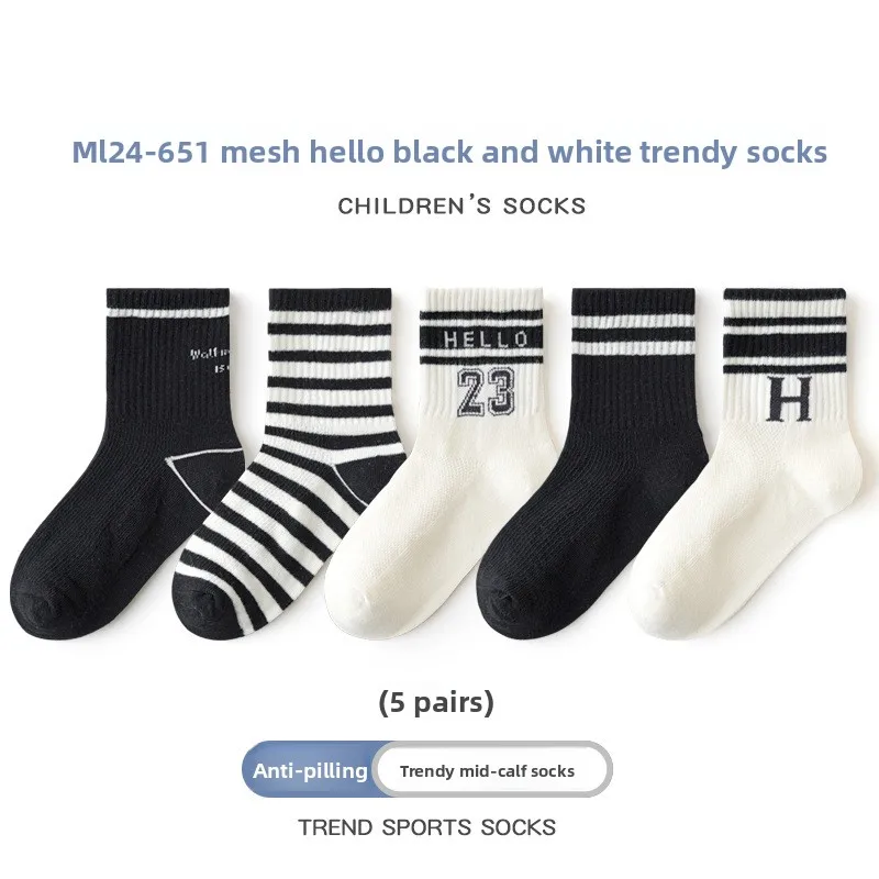 5 Pairs Boys Summer Socks Thin Cotton Sport Mesh Breathable Kids Mid Crew Socks Letter Trendy