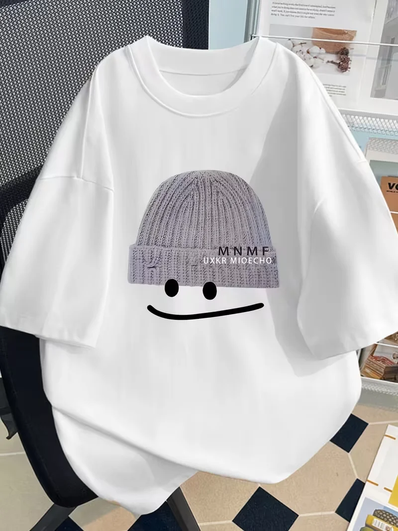 Short Sleeve T-Shirt with Knitted Hat Graphic Design Fashionable Summer Design Slim Fit Cartoon Print Top Men Women Unisex Tops