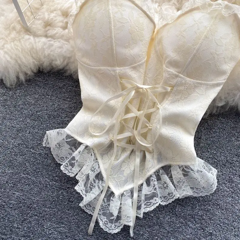 Sexy Lace Mesh Bandage Tube Top Chic Strapless Camis Slim Korean Tanks Top Elegant Basic Crop Top Women Bustier New