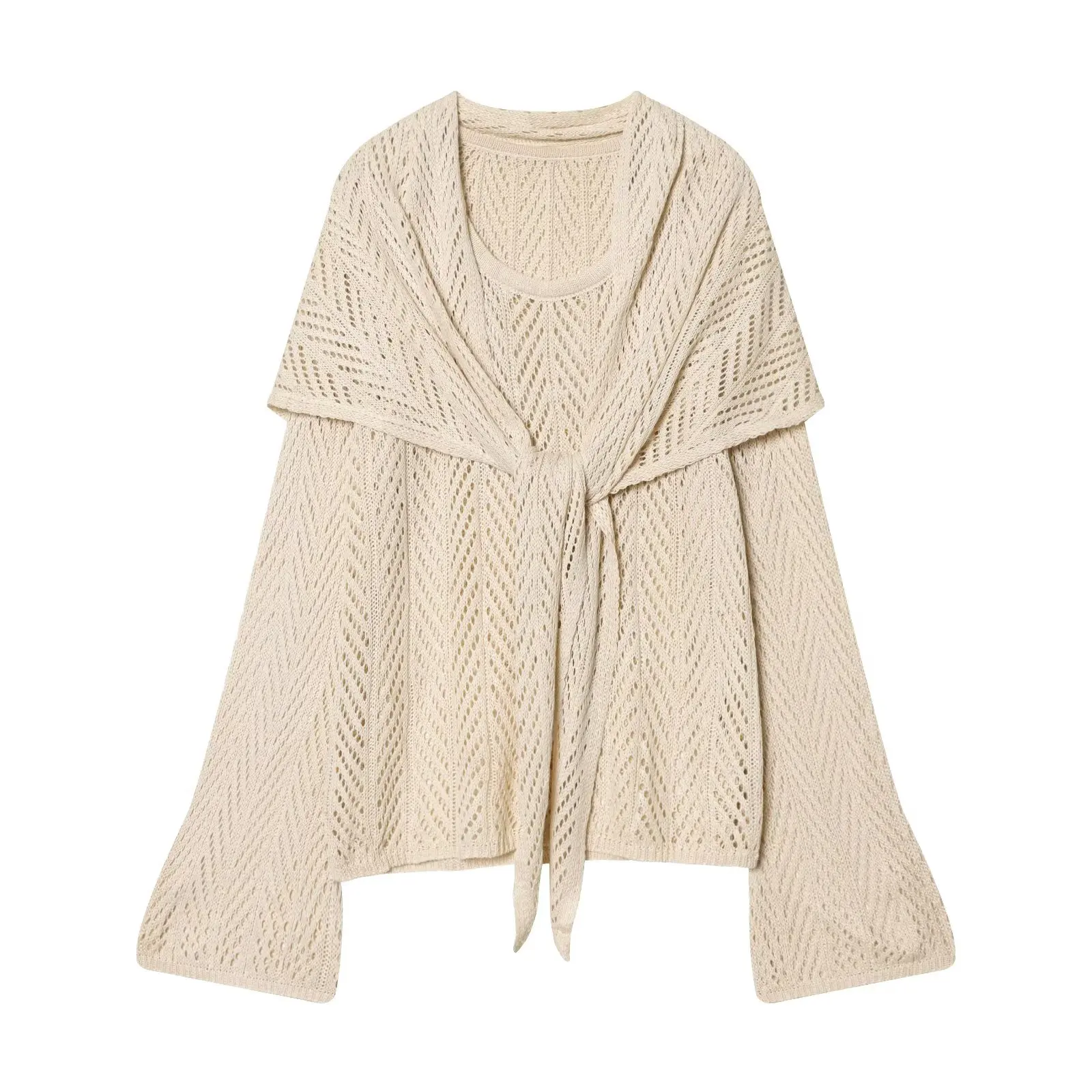 TAFAFXY 2026 Spring Women Sets Long Sleeve O-Neck Shawl Hollow-out Knitted Pullovers Loose Sweaters Midi Skirt Casual Suits