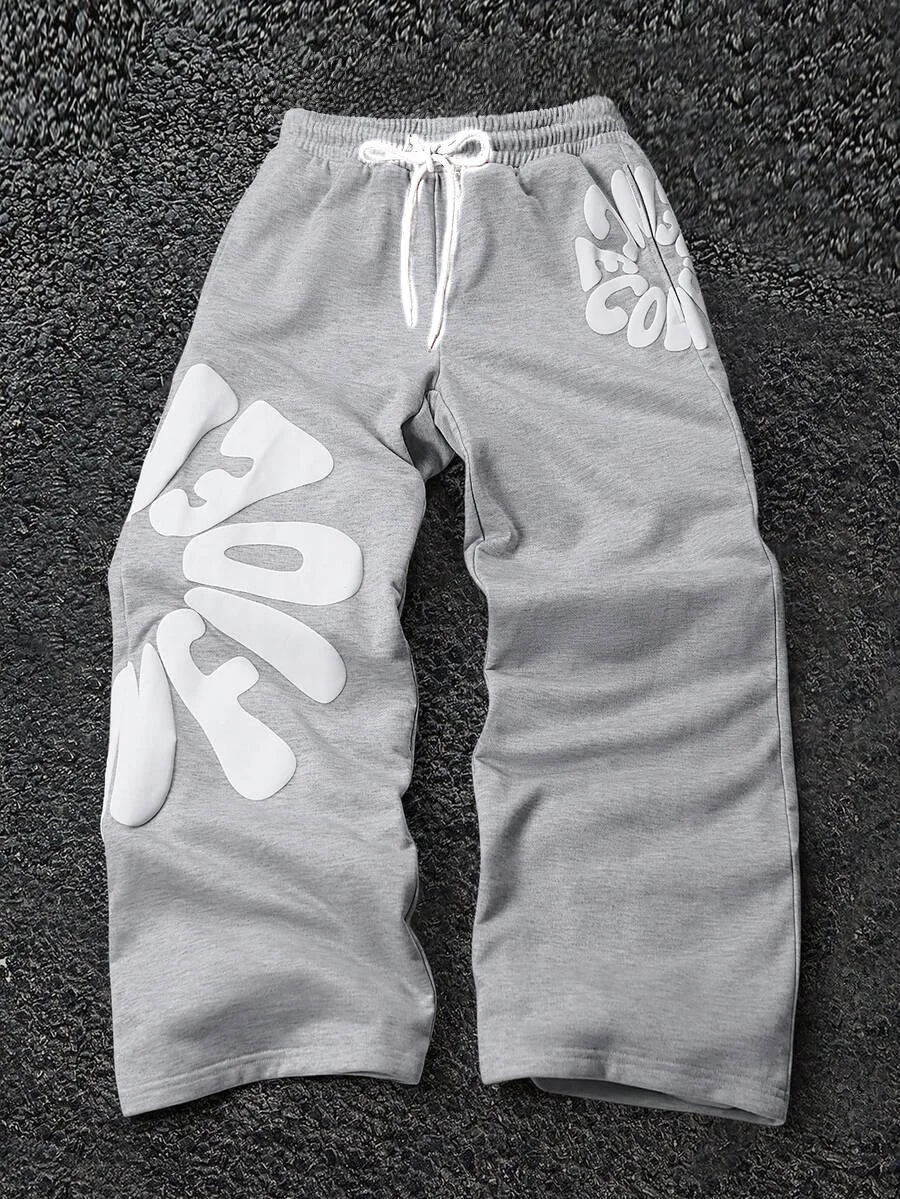 2026 Men's Soft Loose Fit Pants Grey White Bubble Letter Print Drawstring Elastic Waist Breathable Casual Streetwear Trousers
