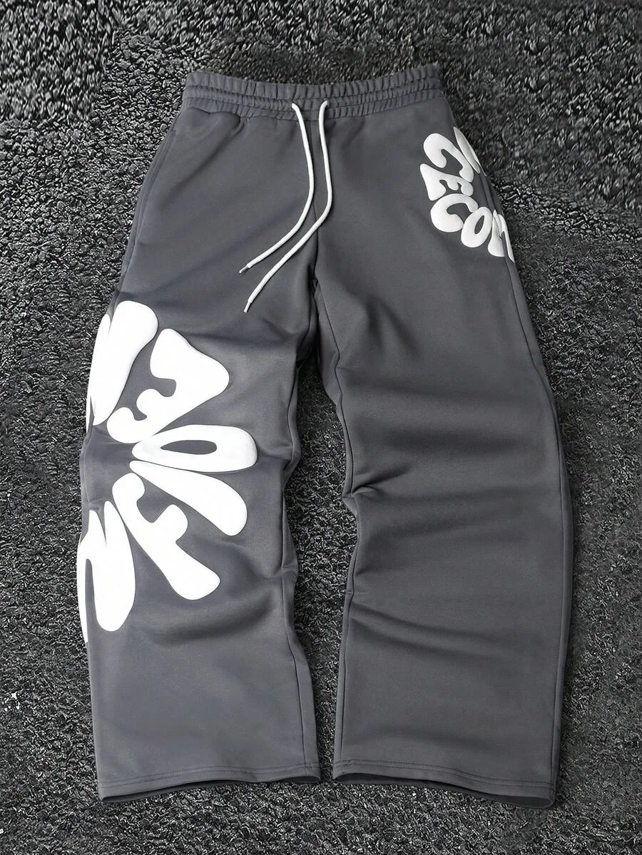 2026 Men's Soft Loose Fit Pants Grey White Bubble Letter Print Drawstring Elastic Waist Breathable Casual Streetwear Trousers