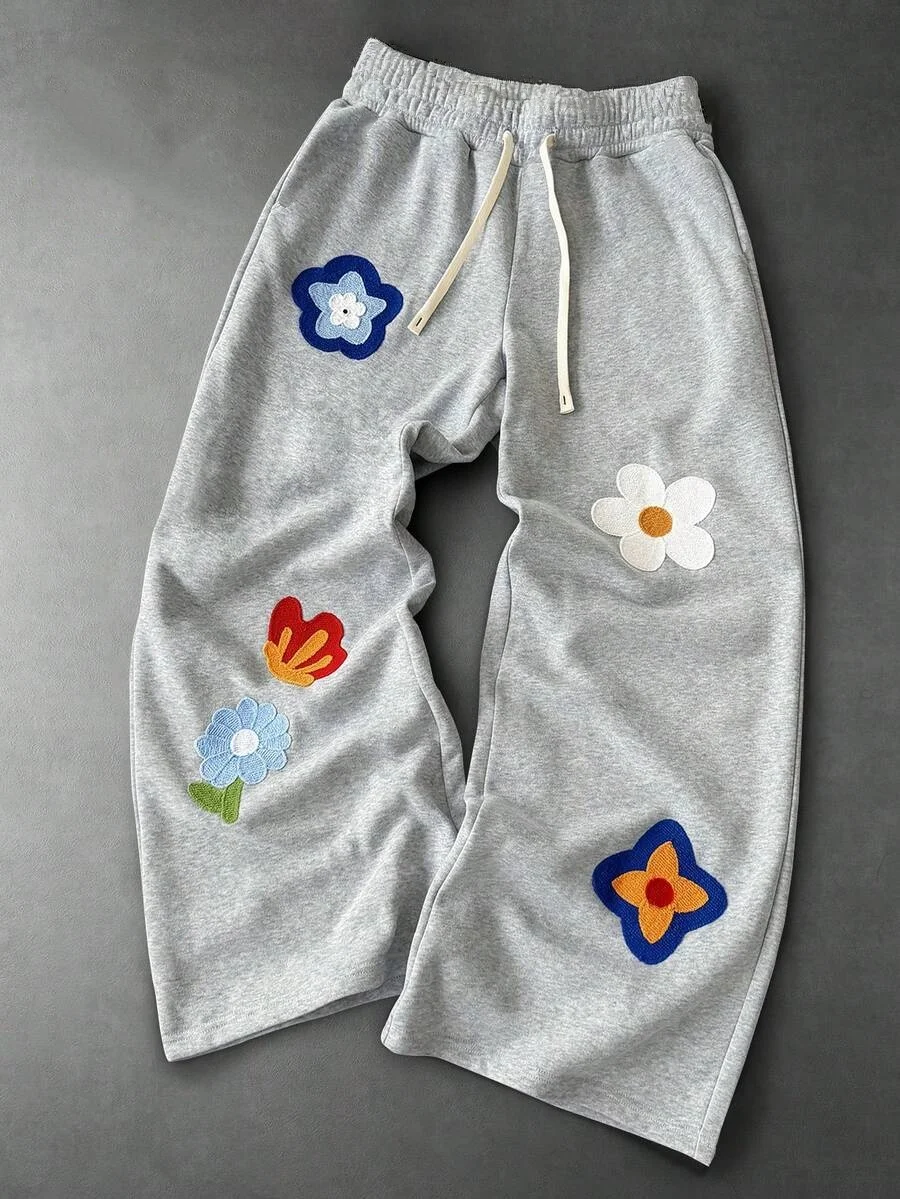2026 Men's Soft Loose Fit Pants Grey White Bubble Letter Print Drawstring Elastic Waist Breathable Casual Streetwear Trousers