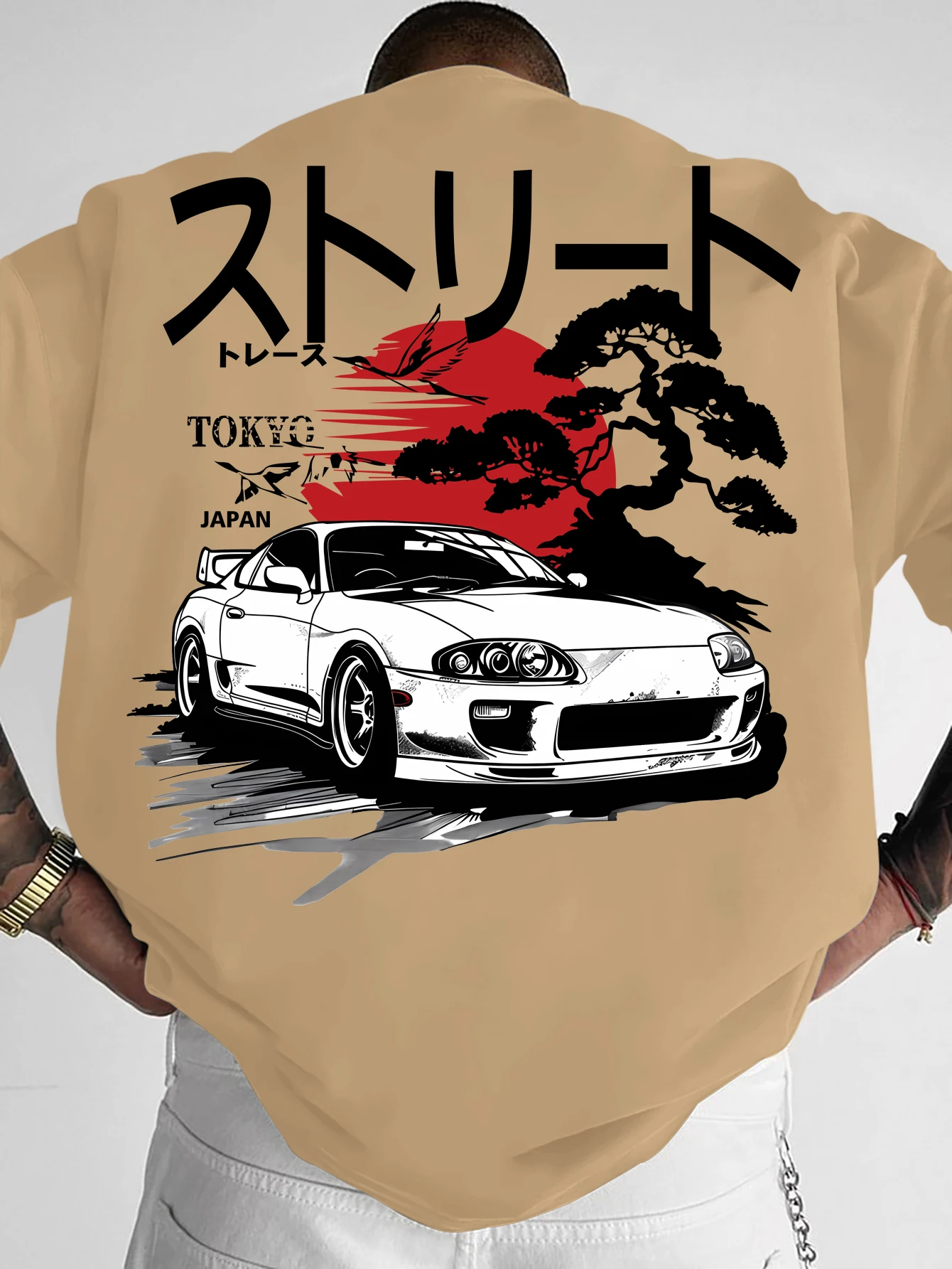 Oversized Vintage Japanese T‑Shirt Men Streetwear Retro Race Car Landscape Back Print Graphic Tee Crew Neck Short Sleeve Tops