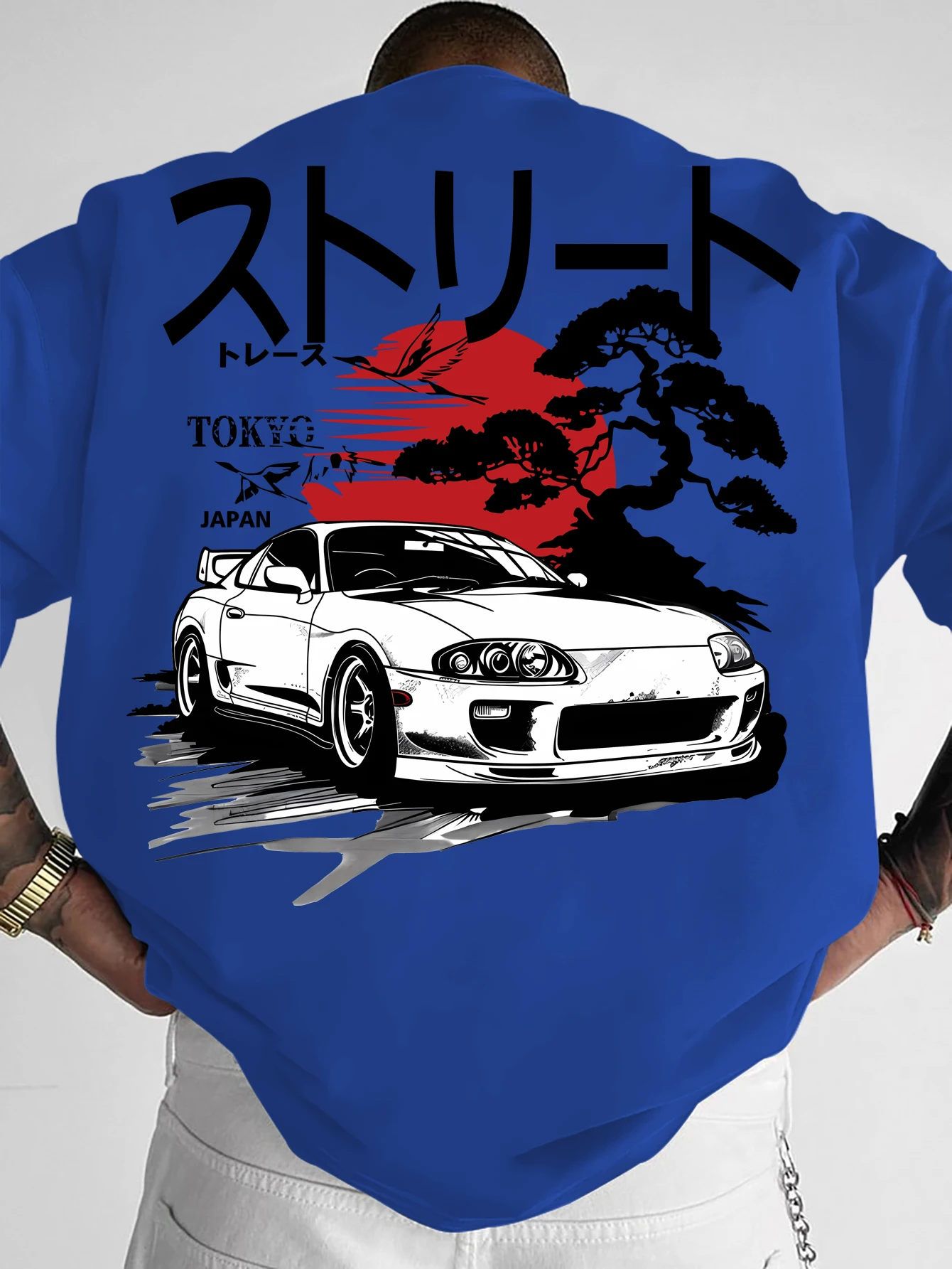 Oversized Vintage Japanese T‑Shirt Men Streetwear Retro Race Car Landscape Back Print Graphic Tee Crew Neck Short Sleeve Tops