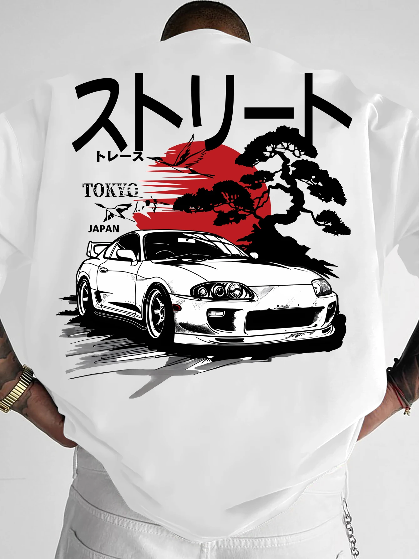 Oversized Vintage Japanese T‑Shirt Men Streetwear Retro Race Car Landscape Back Print Graphic Tee Crew Neck Short Sleeve Tops