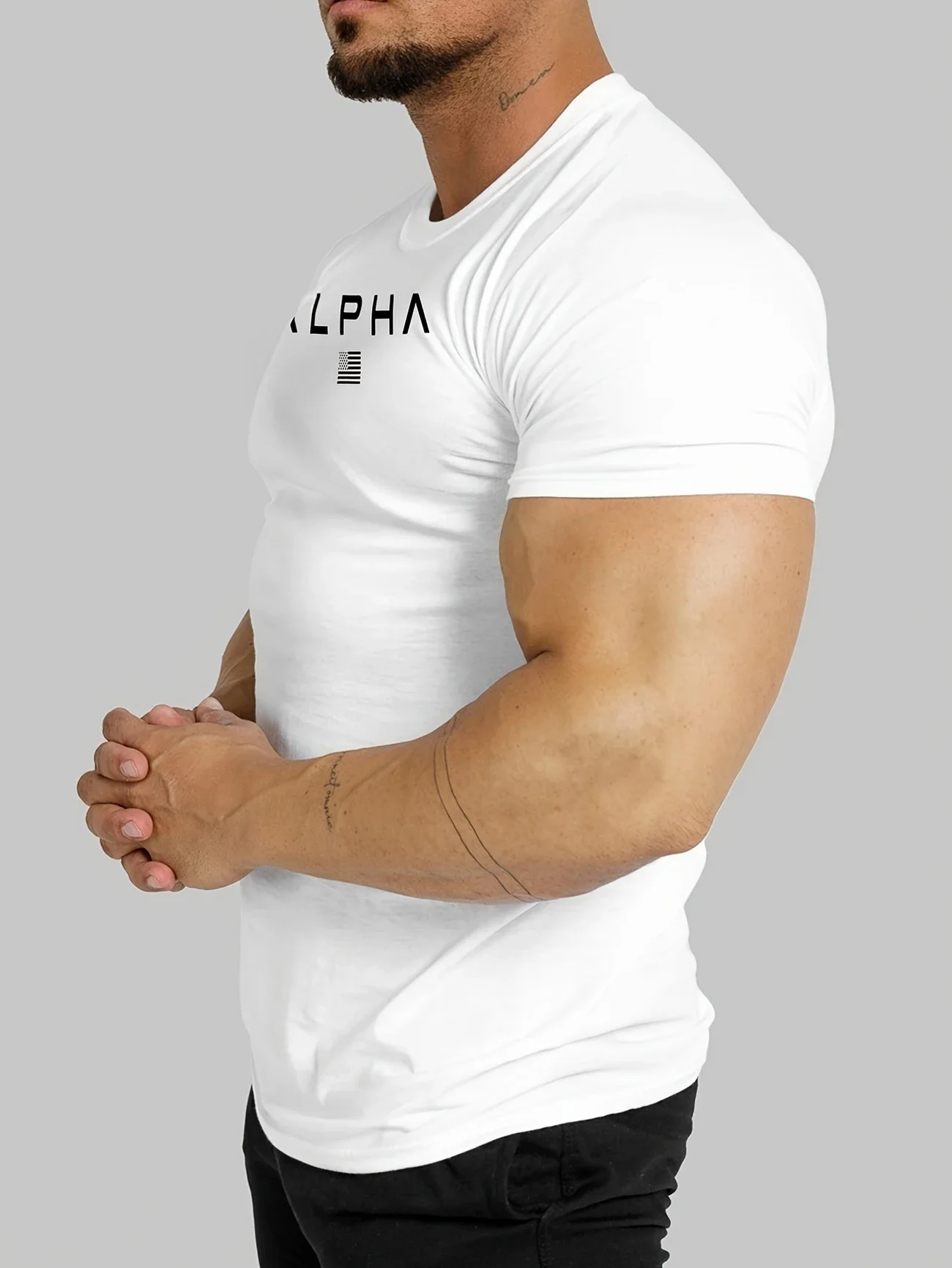 Spring and Summer Pure Color Printing Sports Fitness Short-sleeved T-shirt Men's O Neck Stretch Training Exercise T-shirt top