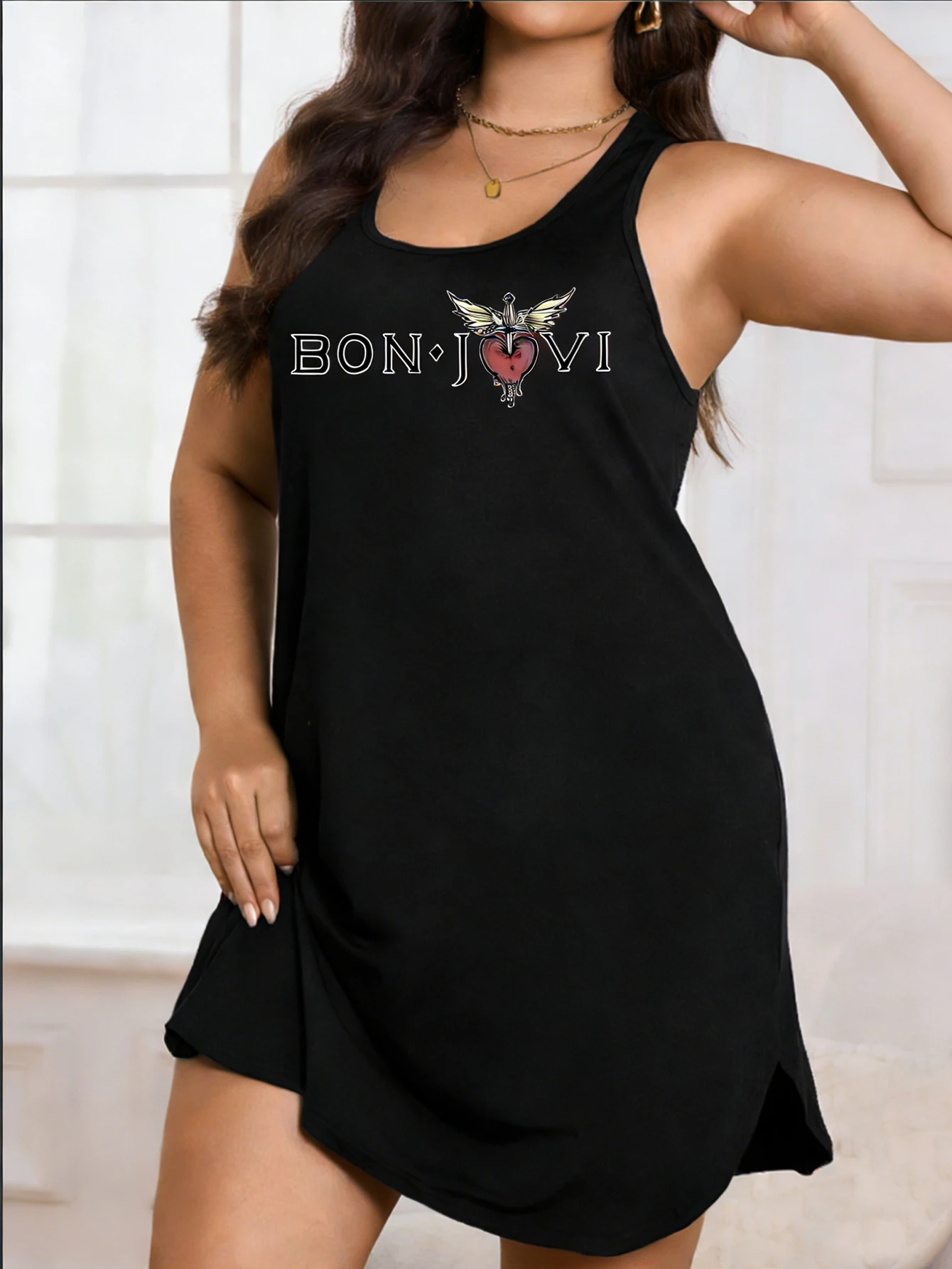 Women's Large Size Sleeveless Dress - Rock Letter Print Casual Summer Dress, Lightweight and Machine Washable.