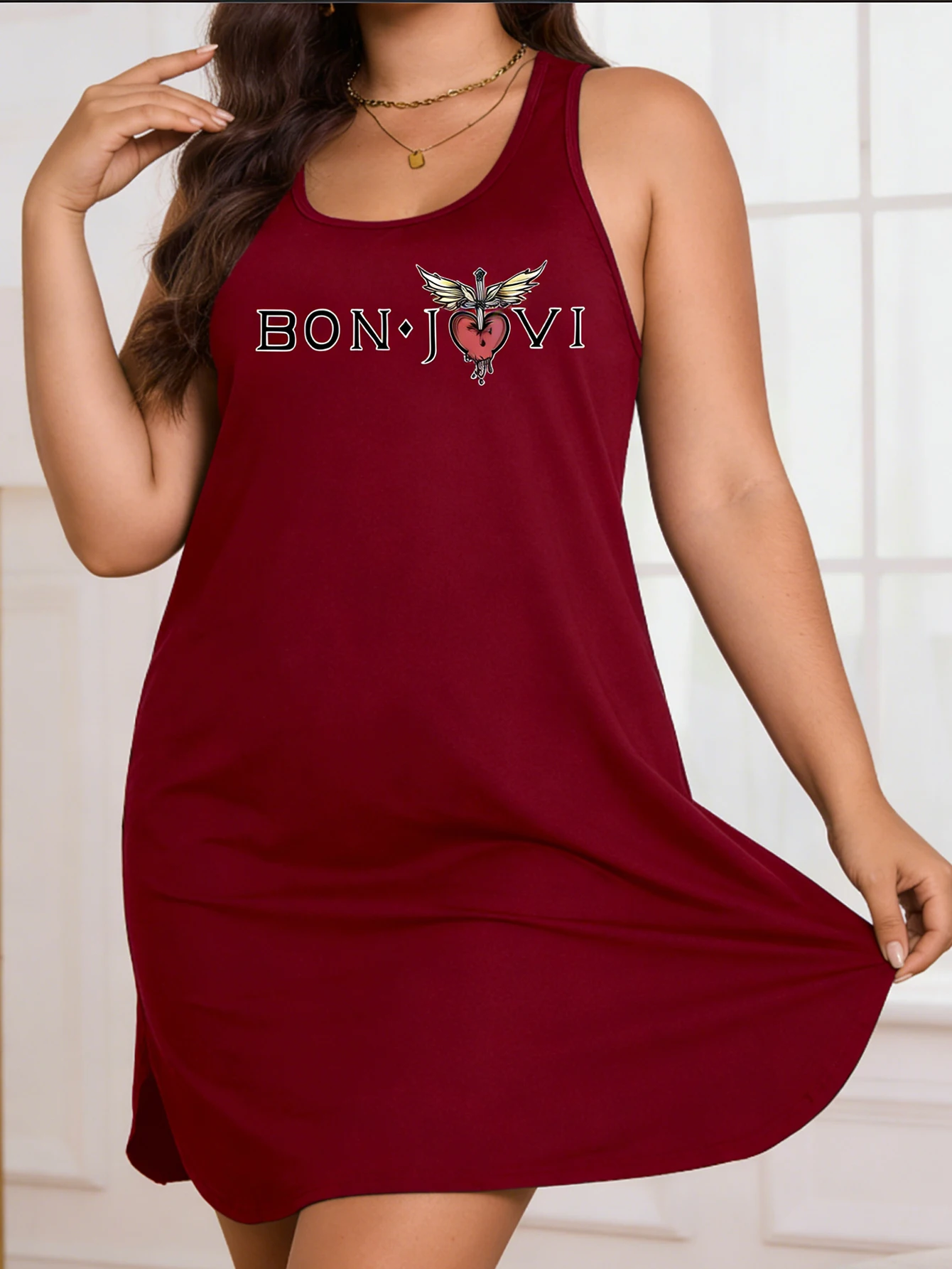 Women's Large Size Sleeveless Dress - Rock Letter Print Casual Summer Dress, Lightweight and Machine Washable.