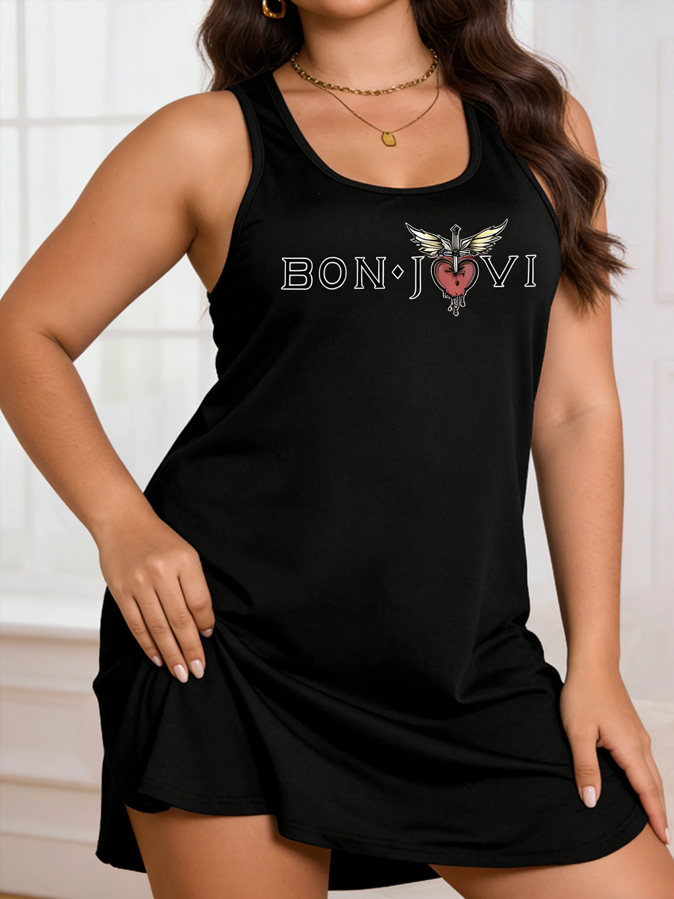 Women's Large Size Sleeveless Dress - Rock Letter Print Casual Summer Dress, Lightweight and Machine Washable.