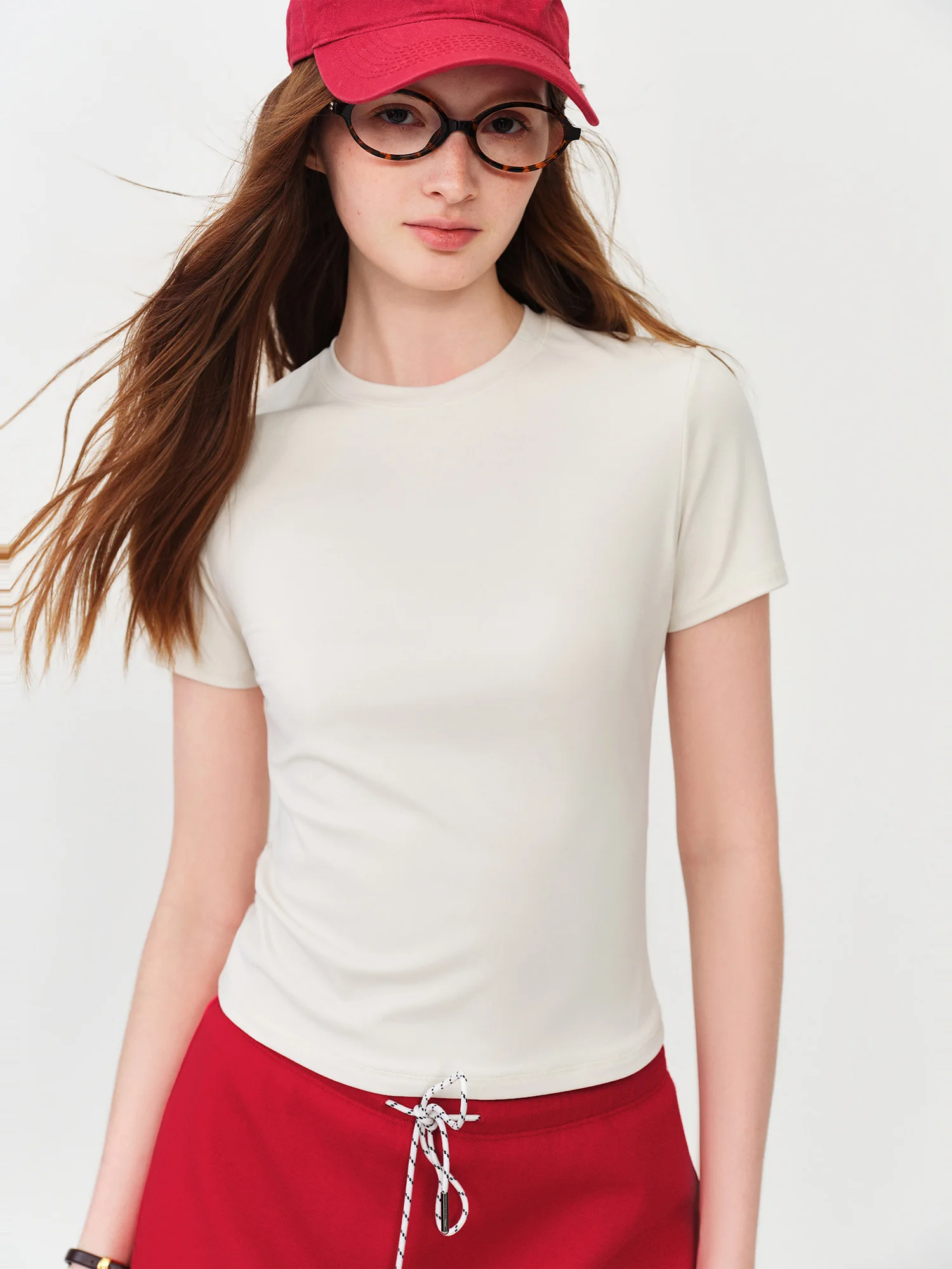 FSLE 2026 Summer Women's Nylon Spandex Tapered T-Shirt - Flattering Casual Top for Daily Wear