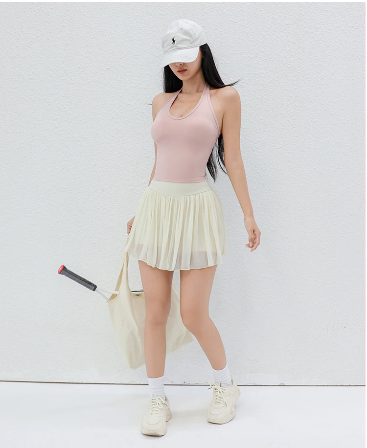 Women Pleated Mesh Tennis Skort High Waist Built-in Shorts Quick Dry Breathable Running Workout Mini Skirt