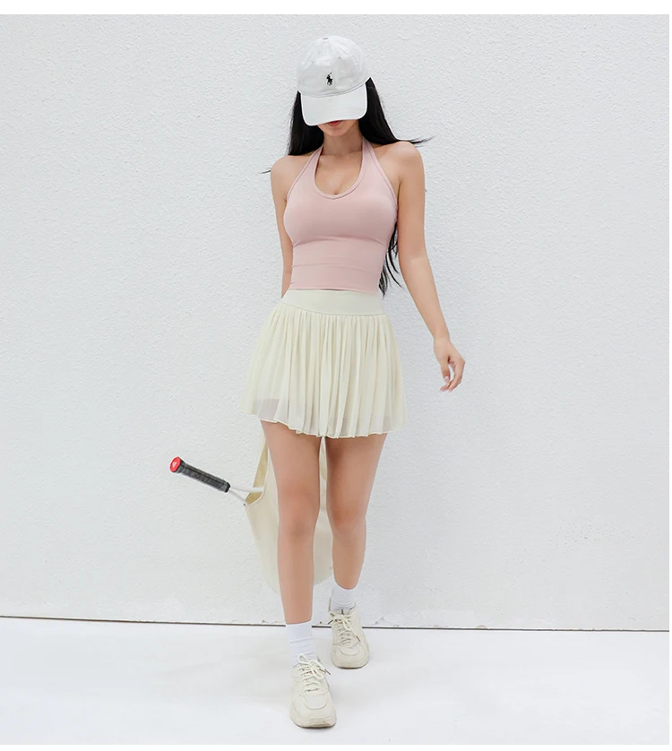 Women Pleated Mesh Tennis Skort High Waist Built-in Shorts Quick Dry Breathable Running Workout Mini Skirt