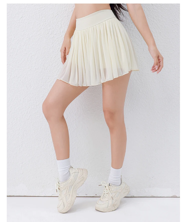 Women Pleated Mesh Tennis Skort High Waist Built-in Shorts Quick Dry Breathable Running Workout Mini Skirt