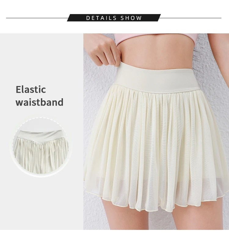 Women Pleated Mesh Tennis Skort High Waist Built-in Shorts Quick Dry Breathable Running Workout Mini Skirt