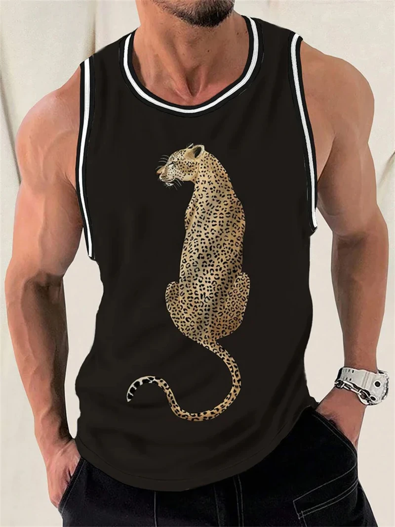 Fashion Leopard Print Tank Tops For Men Summer Trendy Sleeveless 3D Printed Streetwear Vest Cool Oversized Breathable Tees Tops