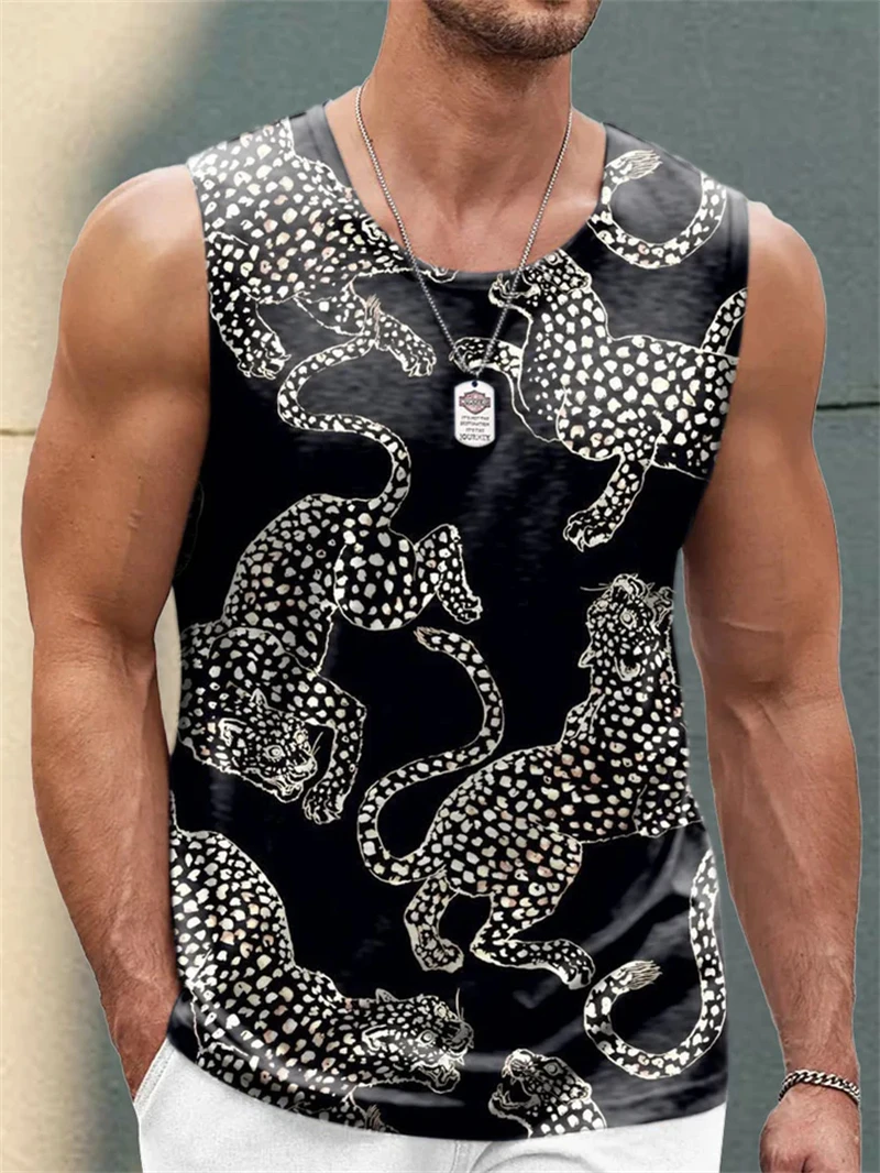 Fashion Leopard Print Tank Tops For Men Summer Trendy Sleeveless 3D Printed Streetwear Vest Cool Oversized Breathable Tees Tops