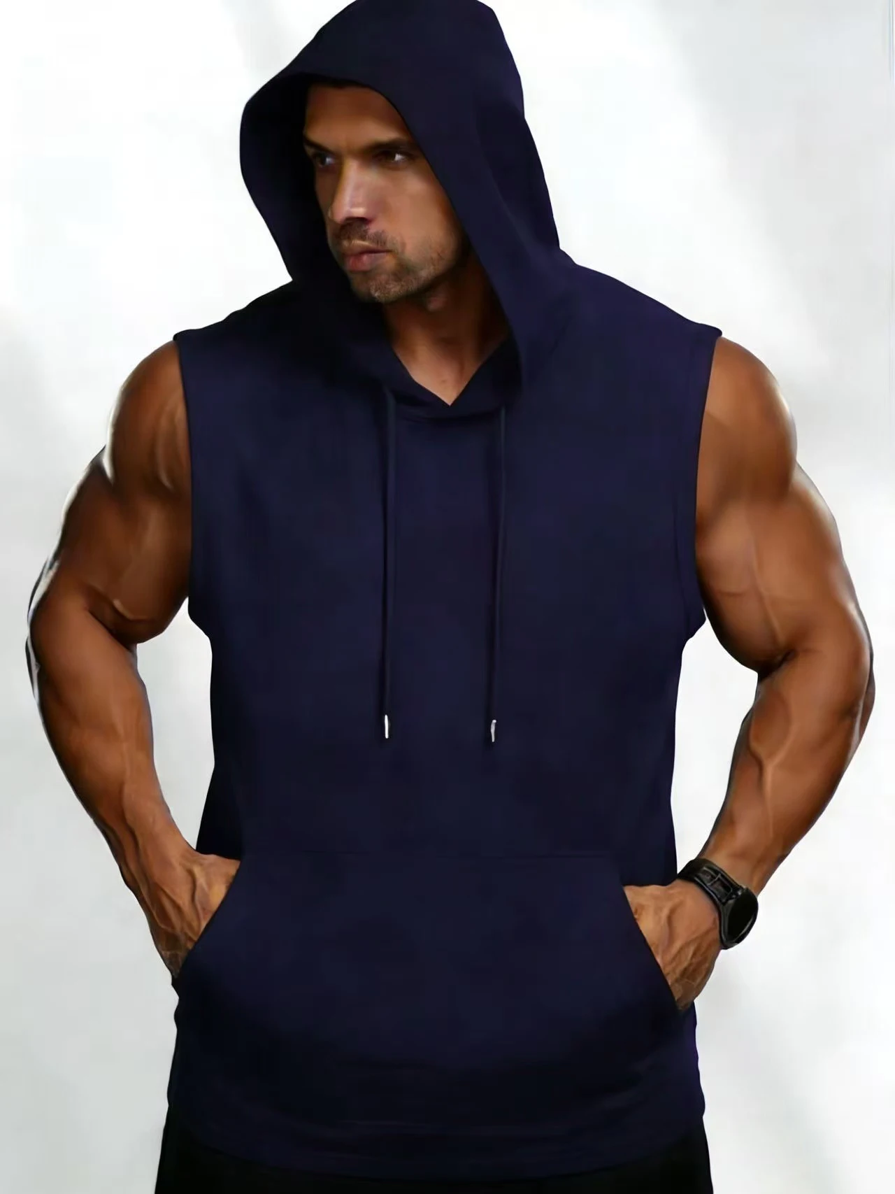 2026 Summer Men's Solid White Sleeveless Hoodie Vest, Polyester Gym Workout Hooded Tank Top with Kangaroo Pocket