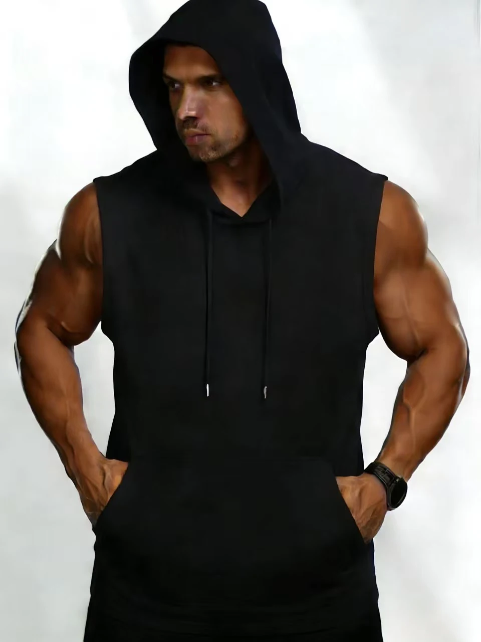 2026 Summer Men's Solid White Sleeveless Hoodie Vest, Polyester Gym Workout Hooded Tank Top with Kangaroo Pocket