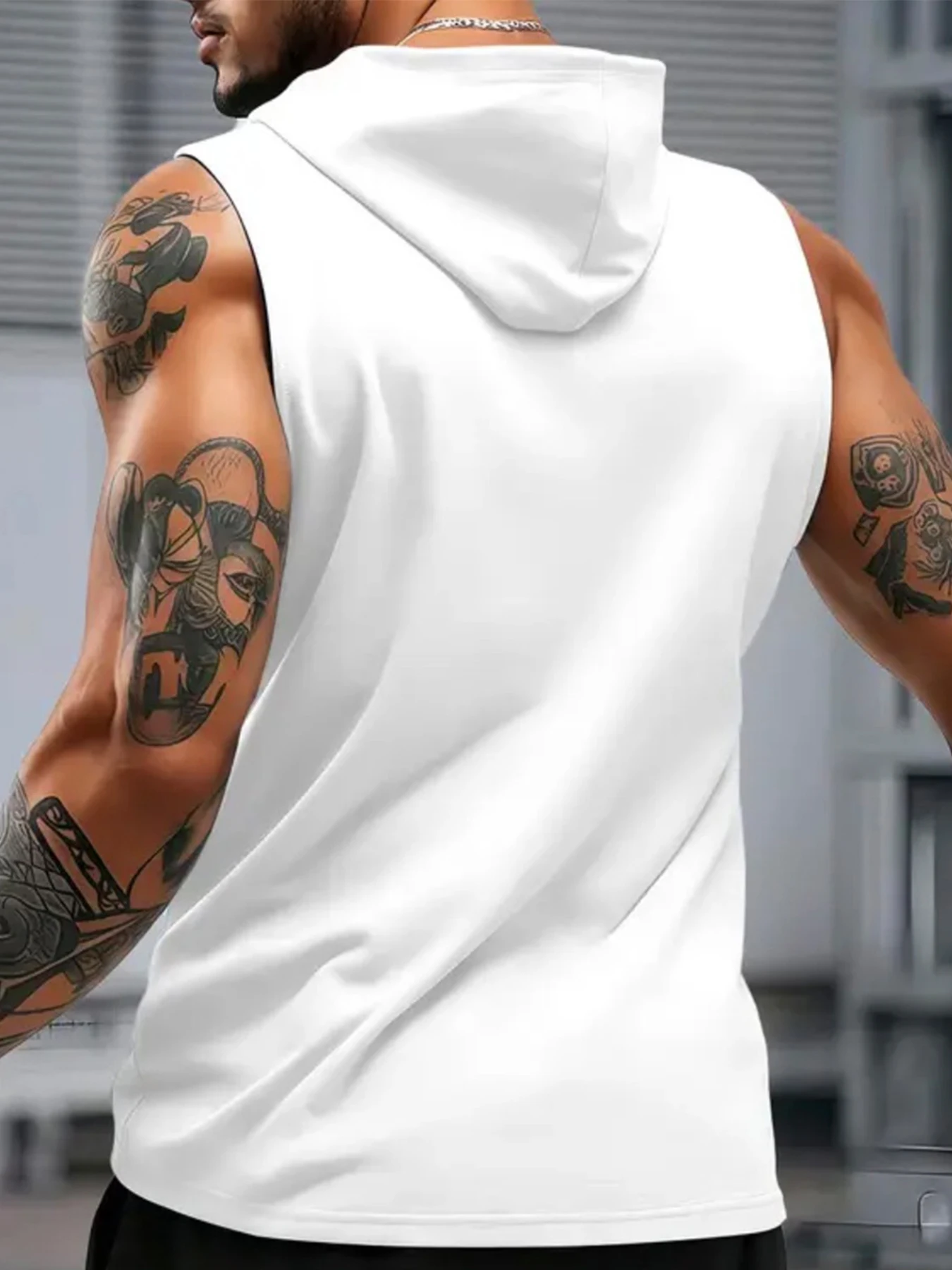 2026 Summer Men's Solid White Sleeveless Hoodie Vest, Polyester Gym Workout Hooded Tank Top with Kangaroo Pocket