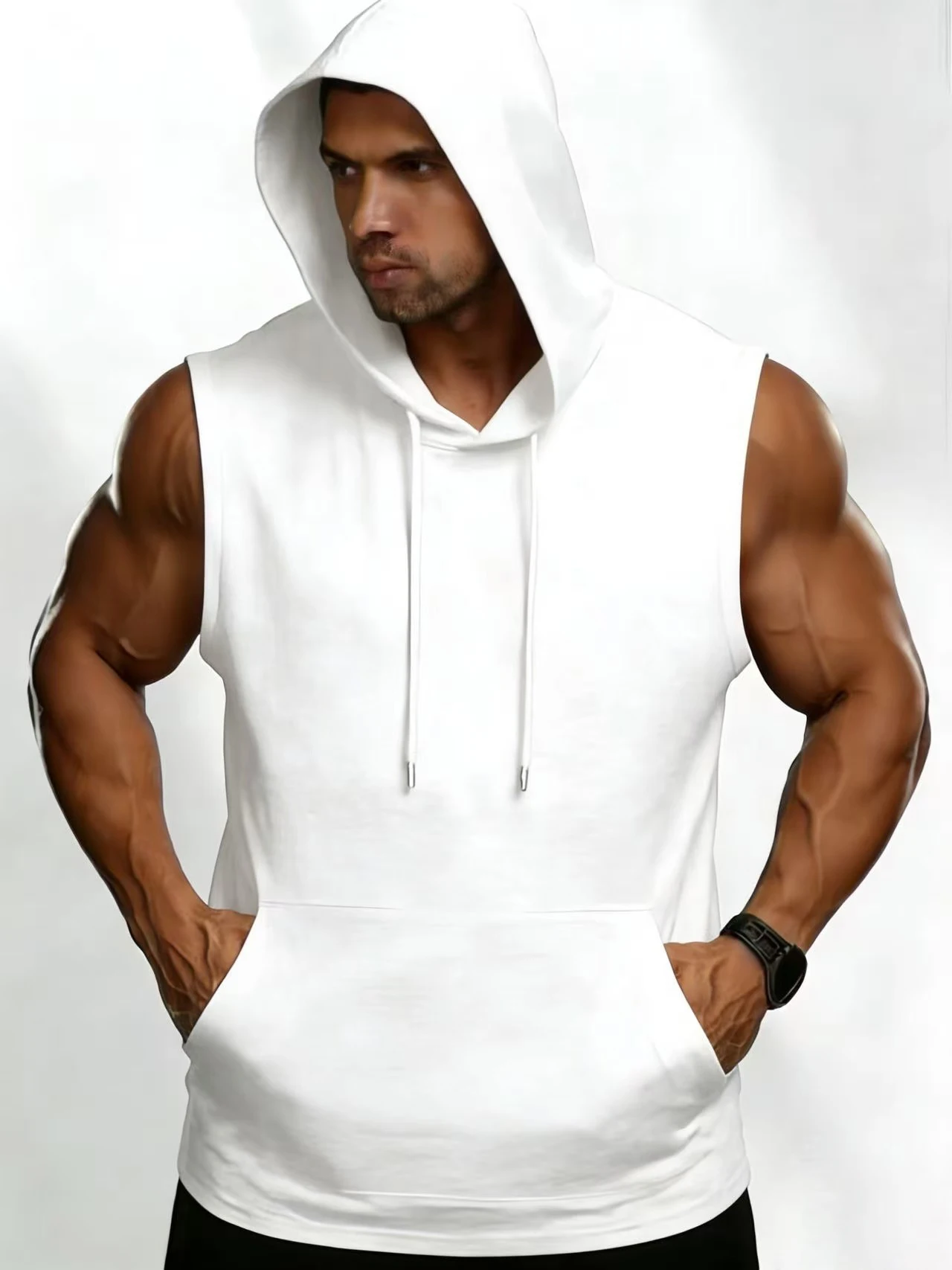 2026 Summer Men's Solid White Sleeveless Hoodie Vest, Polyester Gym Workout Hooded Tank Top with Kangaroo Pocket