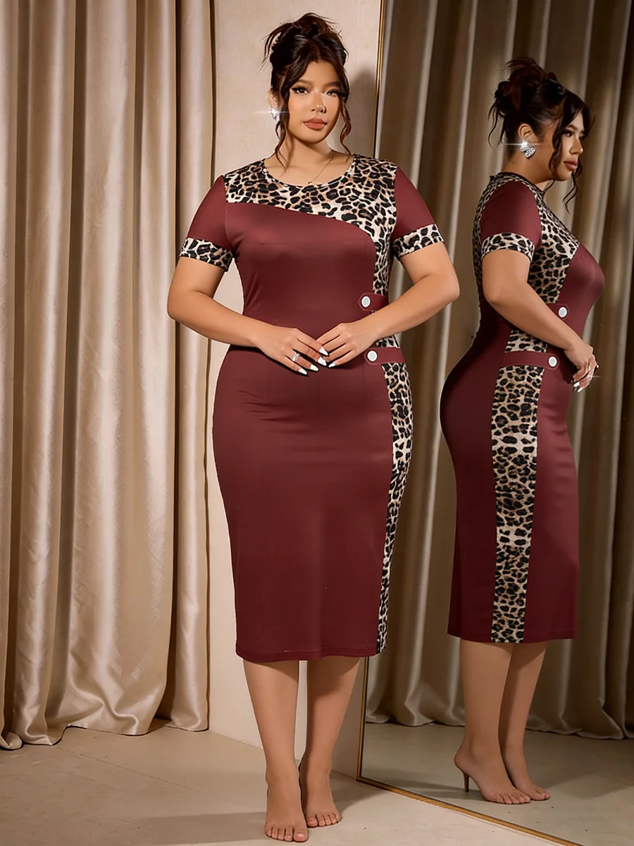 Women's Plus Size Dress Crew Neck Leopard Print Patchwork Short Sleeve Bodycon Midi Dress Elegant Spring Summer Chic Party Dress