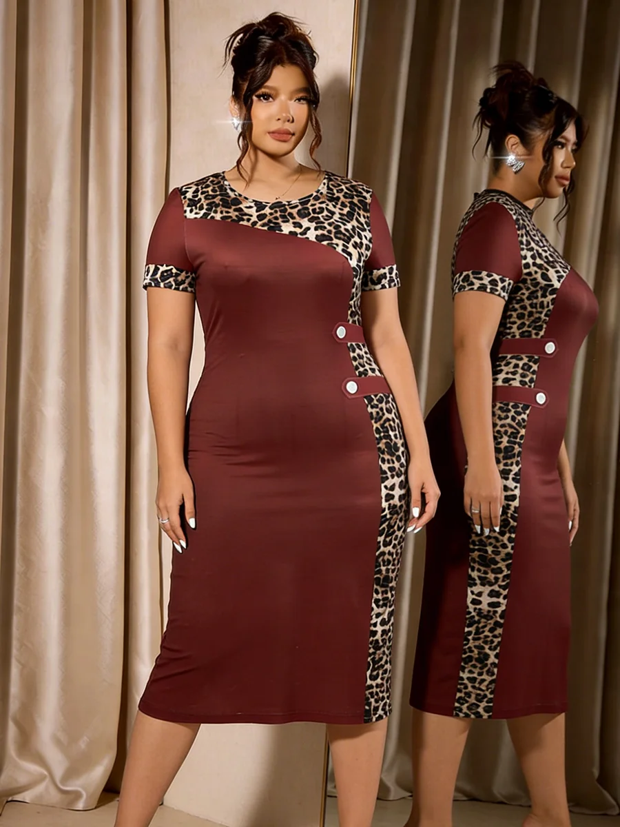 Women's Plus Size Dress Crew Neck Leopard Print Patchwork Short Sleeve Bodycon Midi Dress Elegant Spring Summer Chic Party Dress