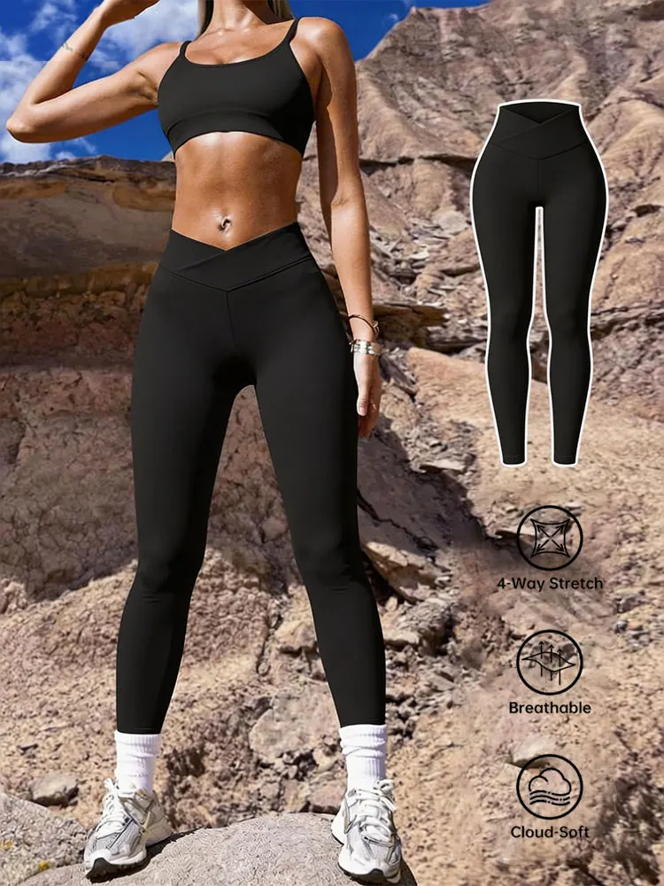 Cross Waist Yoga Leggings Stretch Slim Fit V Shaped Waistband Tummy Control Sweatpants Casual Athletic Leggings For Slim Figures