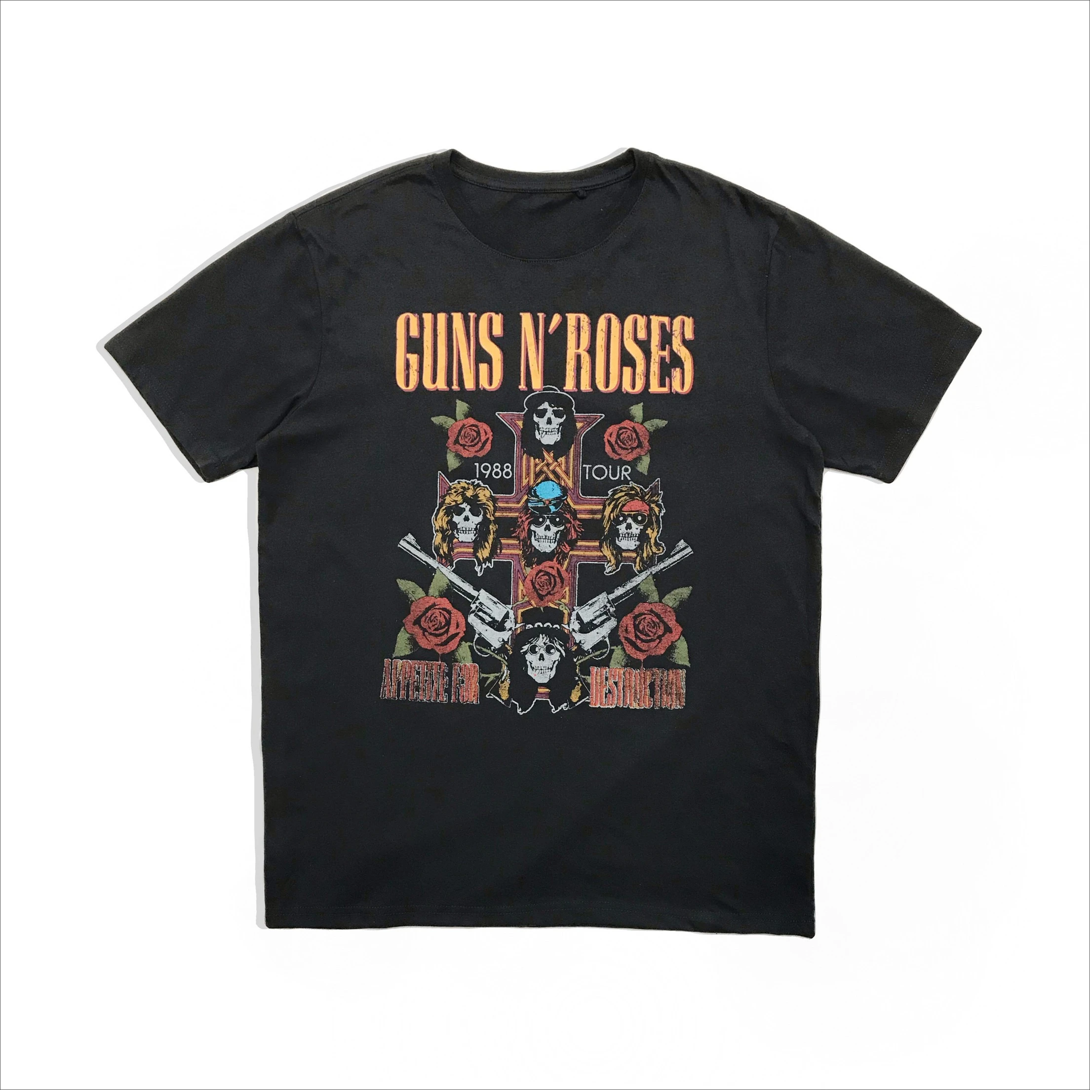 Pistol Rose Pattern Guns N 'Roses Rock Guns and Roses Band Casual T-Shirt Men's and Women's Luxury Band Brand Top