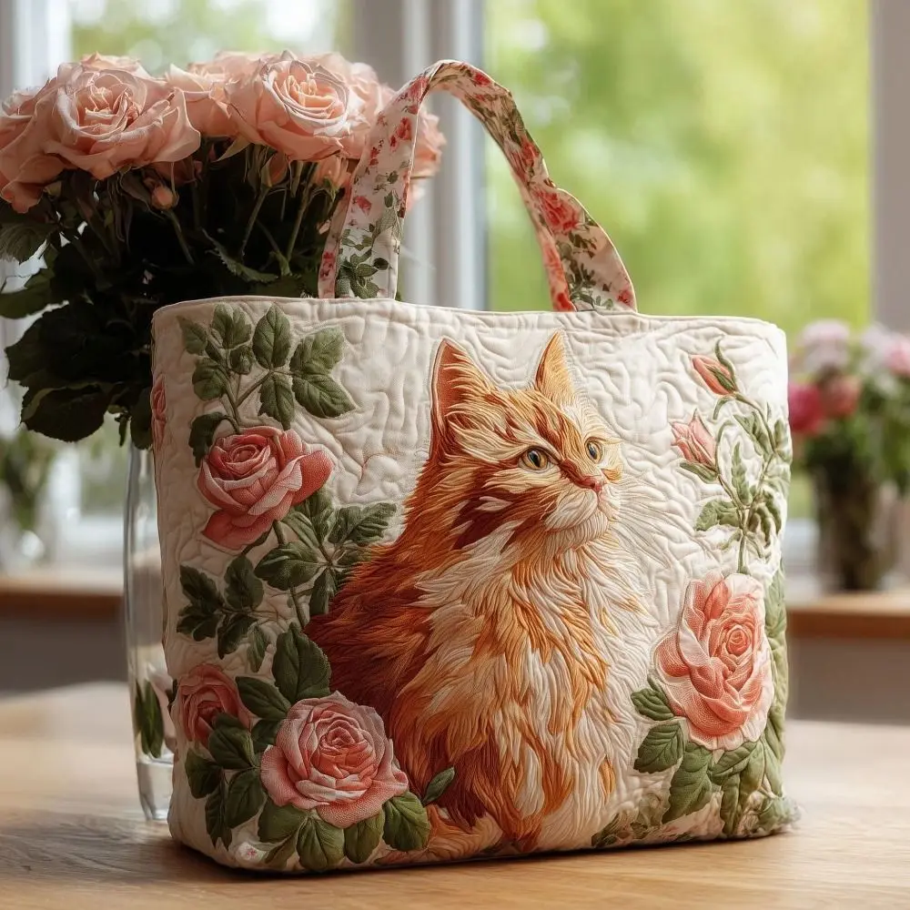Cat Patterns Women Quilted Tote Bag Vintage Lightweight Travel Handbag Cotton Large Capacity Shopping Bag Lady Girl