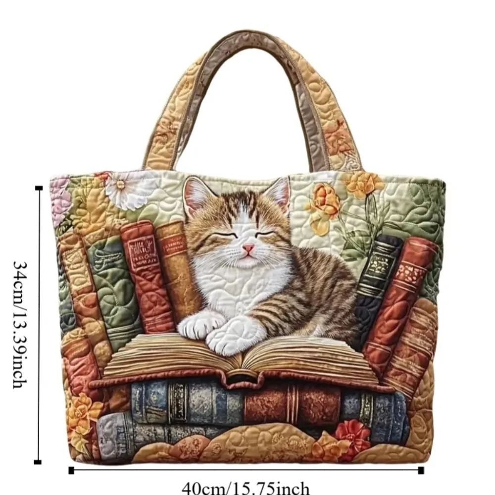 Cat Patterns Women Quilted Tote Bag Vintage Lightweight Travel Handbag Cotton Large Capacity Shopping Bag Lady Girl