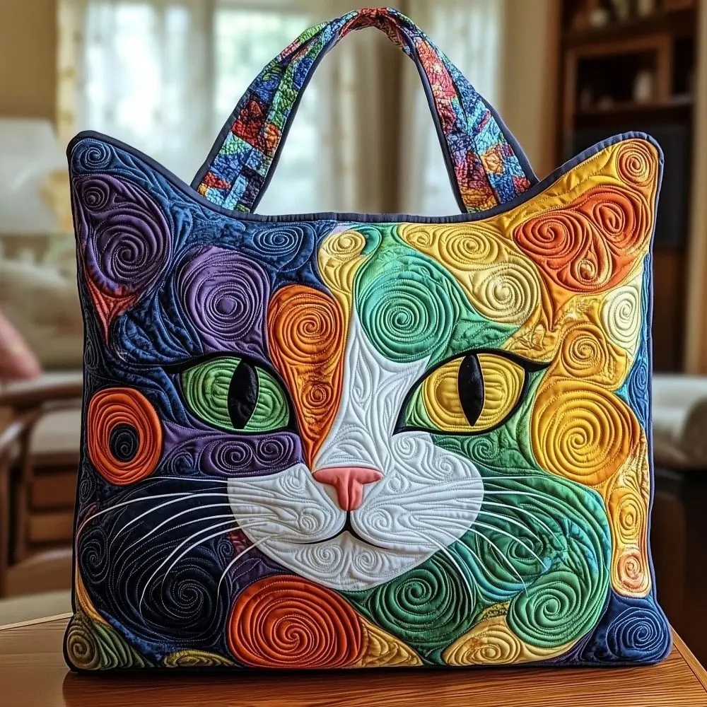 Cat Patterns Women Quilted Tote Bag Vintage Lightweight Travel Handbag Cotton Large Capacity Shopping Bag Lady Girl