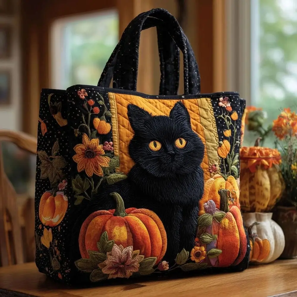 Cat Patterns Women Quilted Tote Bag Vintage Lightweight Travel Handbag Cotton Large Capacity Shopping Bag Lady Girl