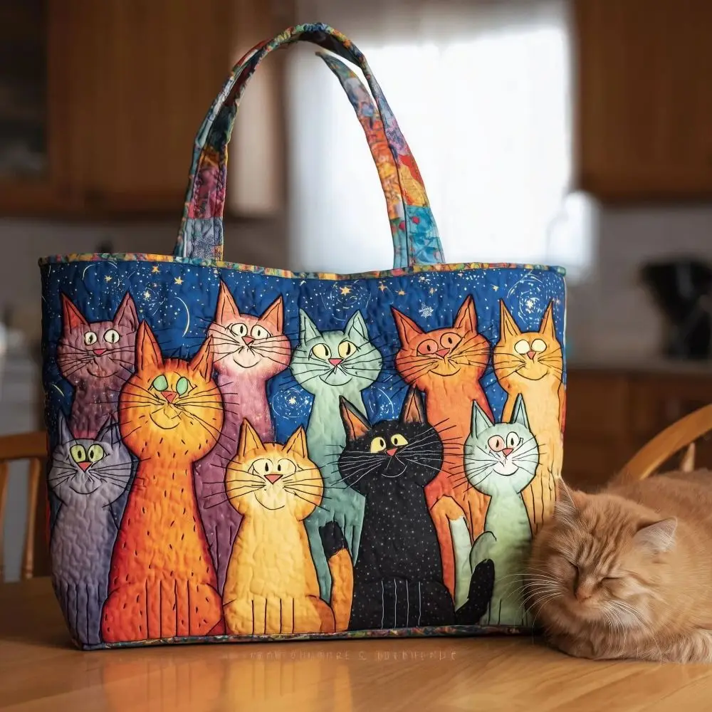 Cat Patterns Women Quilted Tote Bag Vintage Lightweight Travel Handbag Cotton Large Capacity Shopping Bag Lady Girl