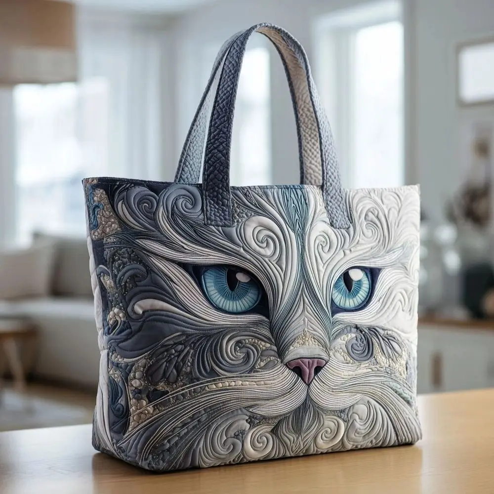 Cat Patterns Women Quilted Tote Bag Vintage Lightweight Travel Handbag Cotton Large Capacity Shopping Bag Lady Girl