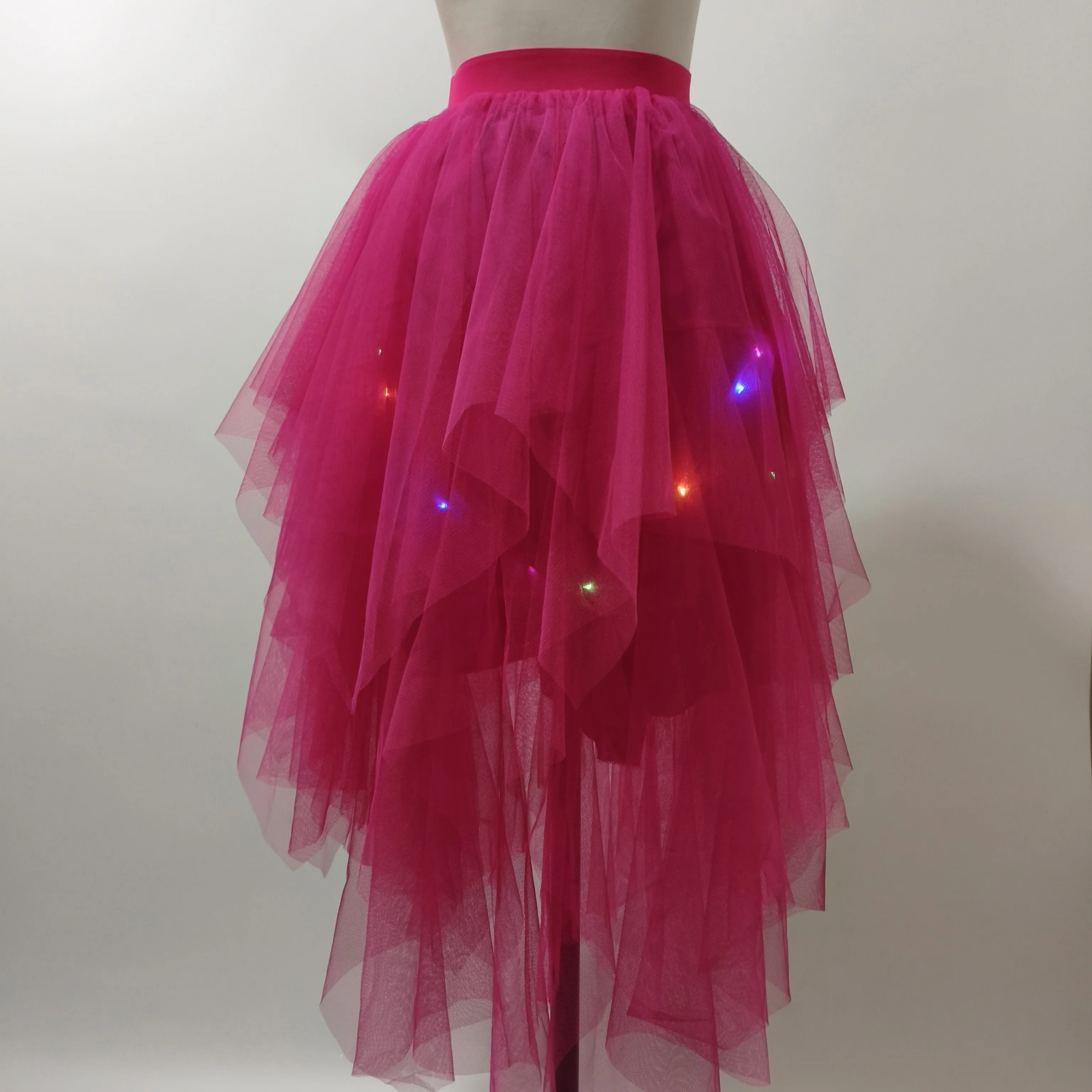 Adult Fluffy Tulle Tutu Skirt with Colorful LED Lights, Layered Ruffled High Low Skirt for Prom Halloween Costume
