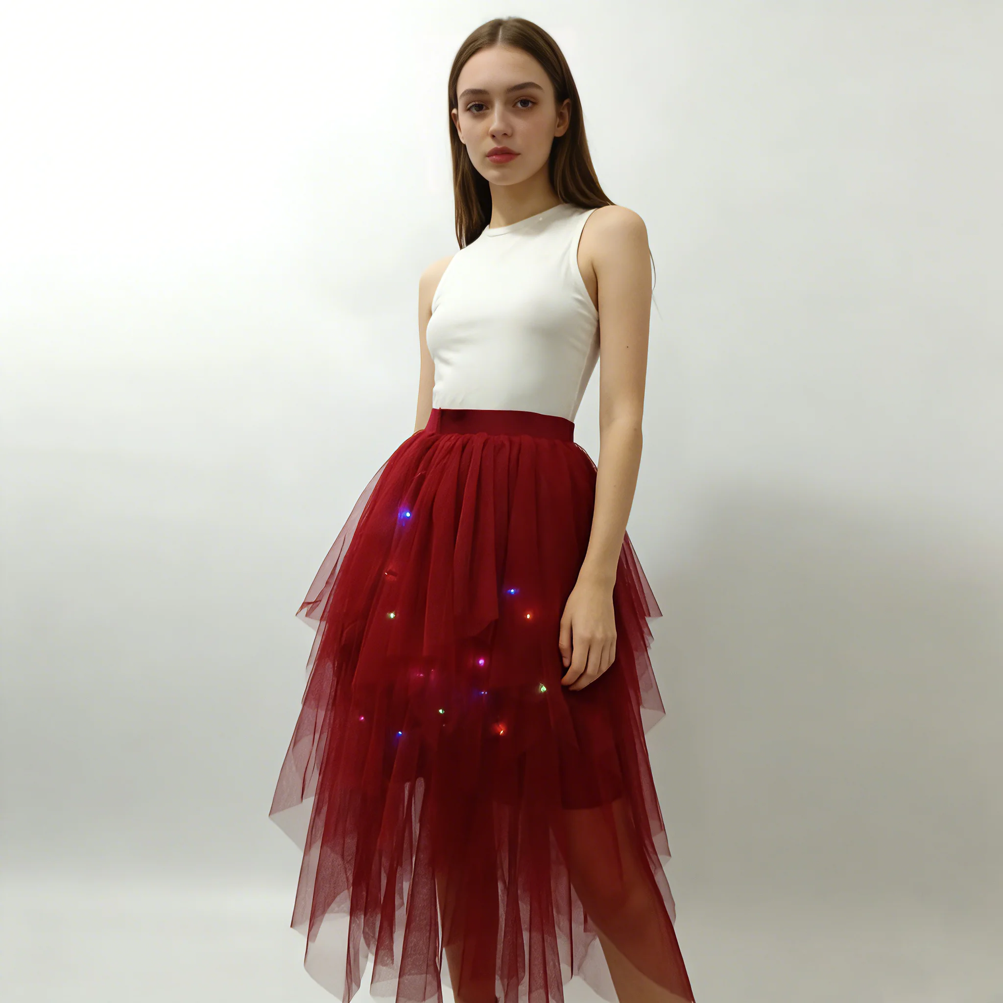 Adult Fluffy Tulle Tutu Skirt with Colorful LED Lights, Layered Ruffled High Low Skirt for Prom Halloween Costume