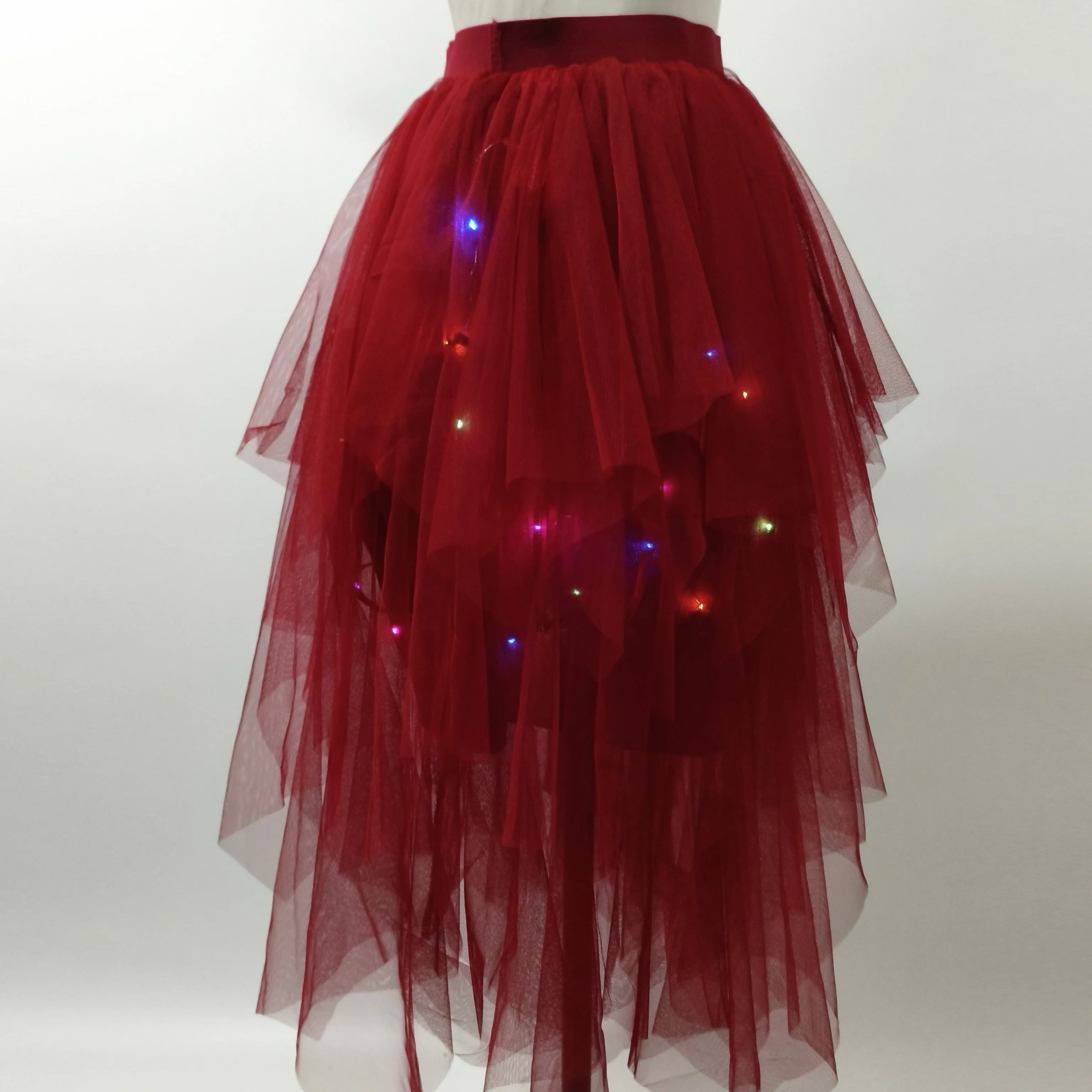 Adult Fluffy Tulle Tutu Skirt with Colorful LED Lights, Layered Ruffled High Low Skirt for Prom Halloween Costume