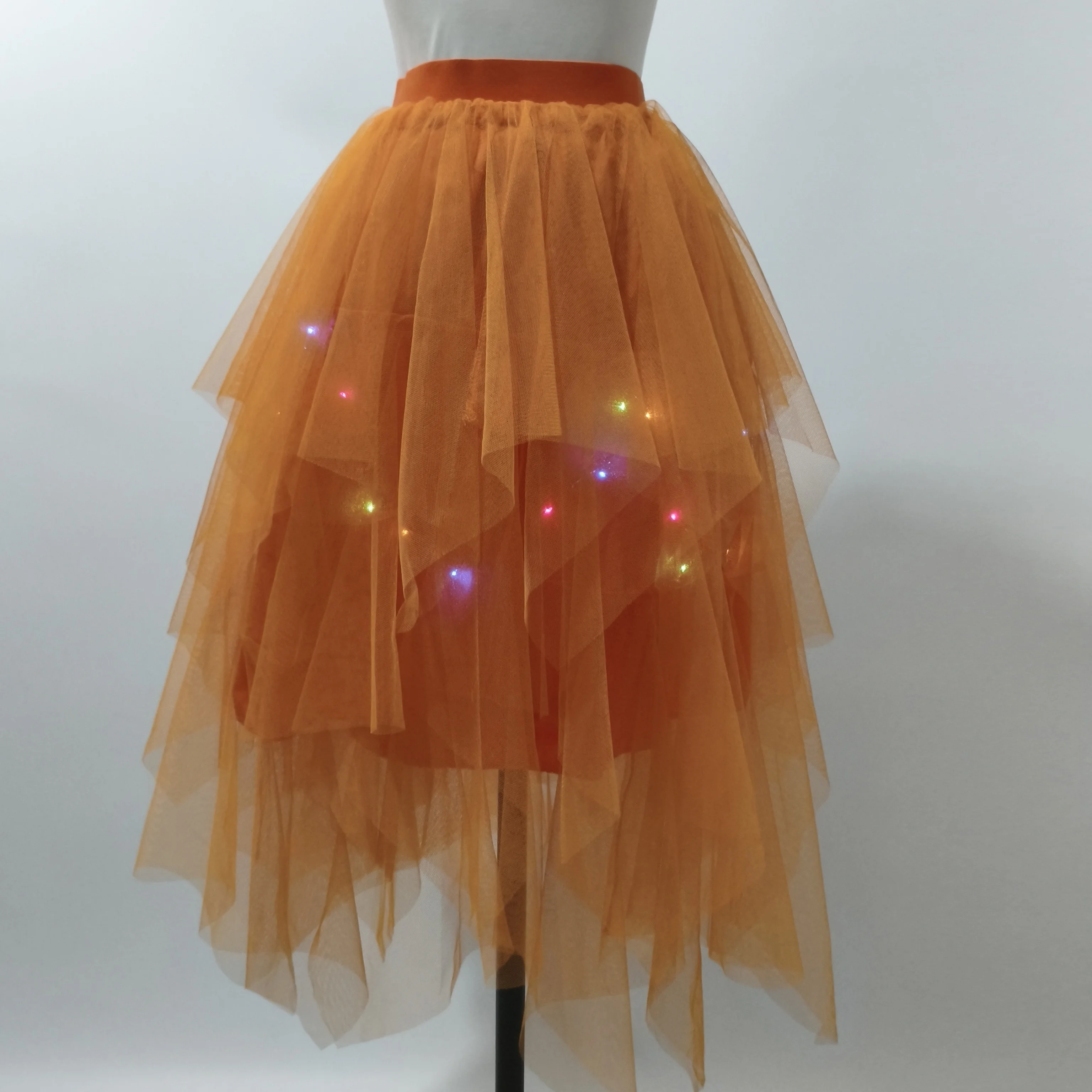 Adult Fluffy Tulle Tutu Skirt with Colorful LED Lights, Layered Ruffled High Low Skirt for Prom Halloween Costume