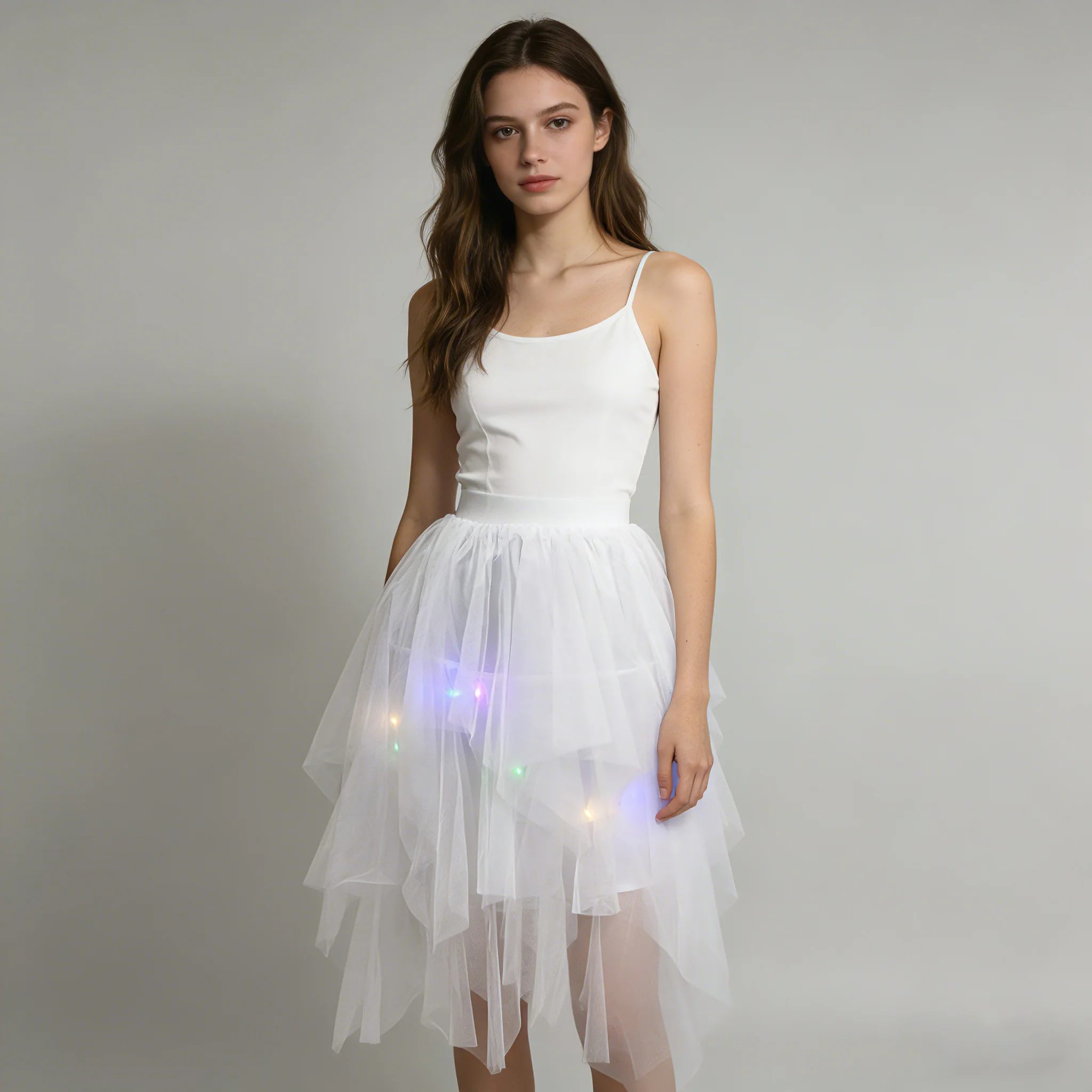 Adult Fluffy Tulle Tutu Skirt with Colorful LED Lights, Layered Ruffled High Low Skirt for Prom Halloween Costume