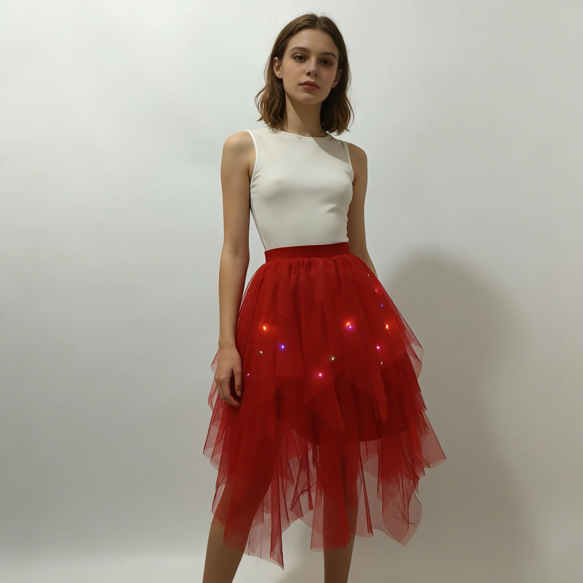 Adult Fluffy Tulle Tutu Skirt with Colorful LED Lights, Layered Ruffled High Low Skirt for Prom Halloween Costume