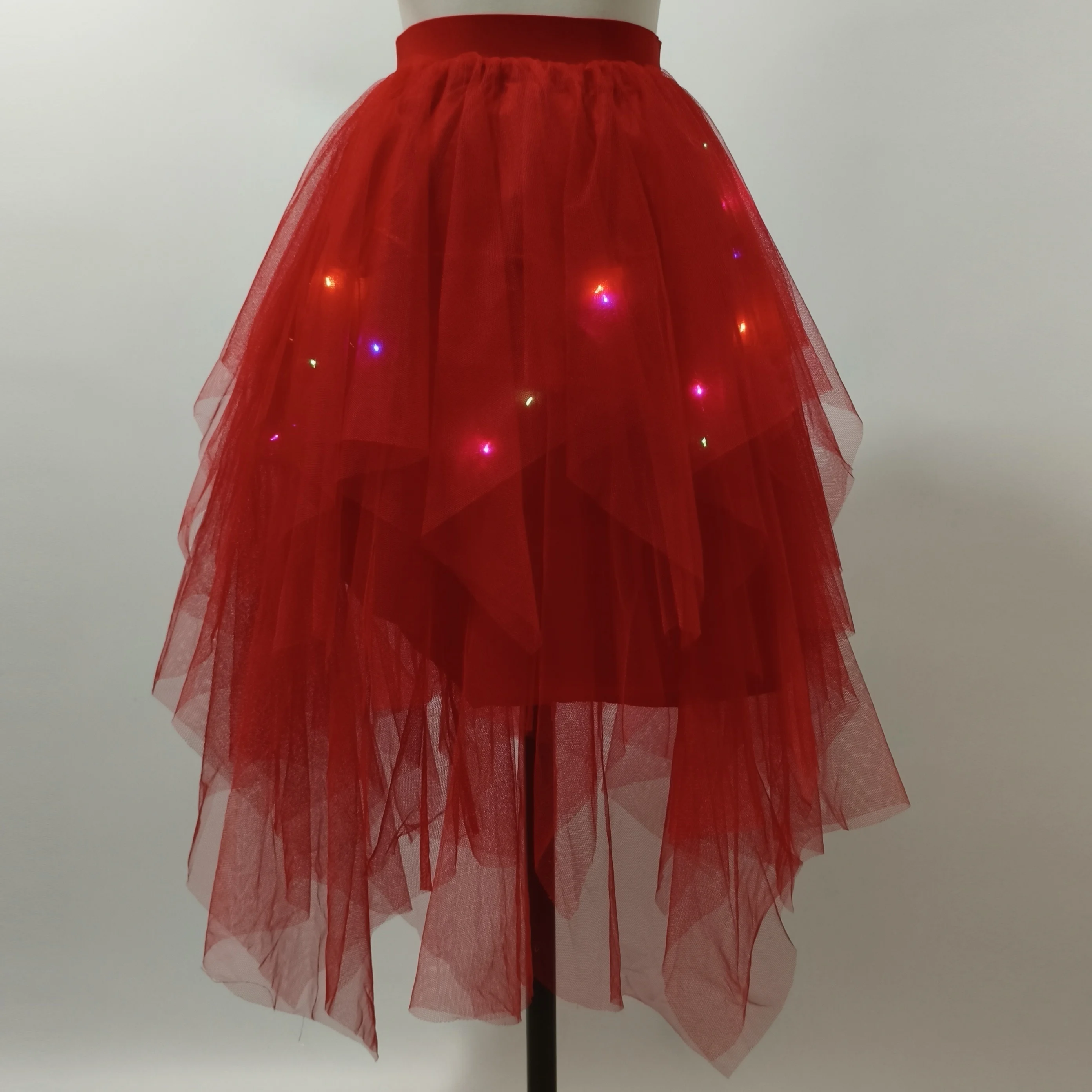 Adult Fluffy Tulle Tutu Skirt with Colorful LED Lights, Layered Ruffled High Low Skirt for Prom Halloween Costume